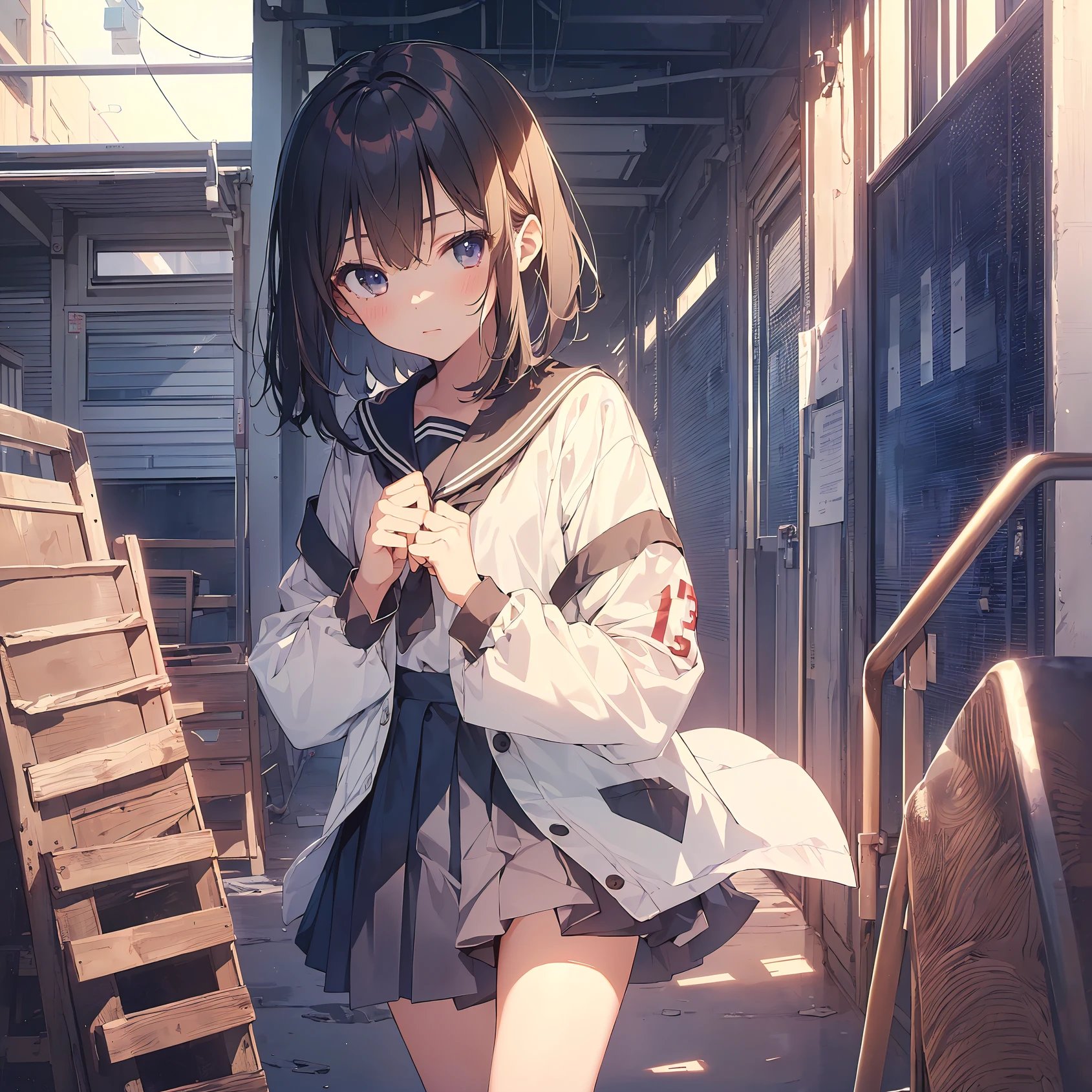 girl, Brown hair, Medium hair, Sailor suit, (Naked:1.1), Nipples (Blushing:1.0), Detailed face, Roadside, POV crouching，Expose the inside of your legs，Best Picture Quality， tmasterpiece， 超高分辨率， （fidelity：1.4）， photore， 1 Pure girl，[（grieves）]，white  shirt， dimly lit， darkly， be desperate， pitying， cute little， cinematic ligh， tears， tear drop， （torn laundry：1.5）， （wetclothes：1.4）， exposed bare shoulders， Real rain， Wet hair,..