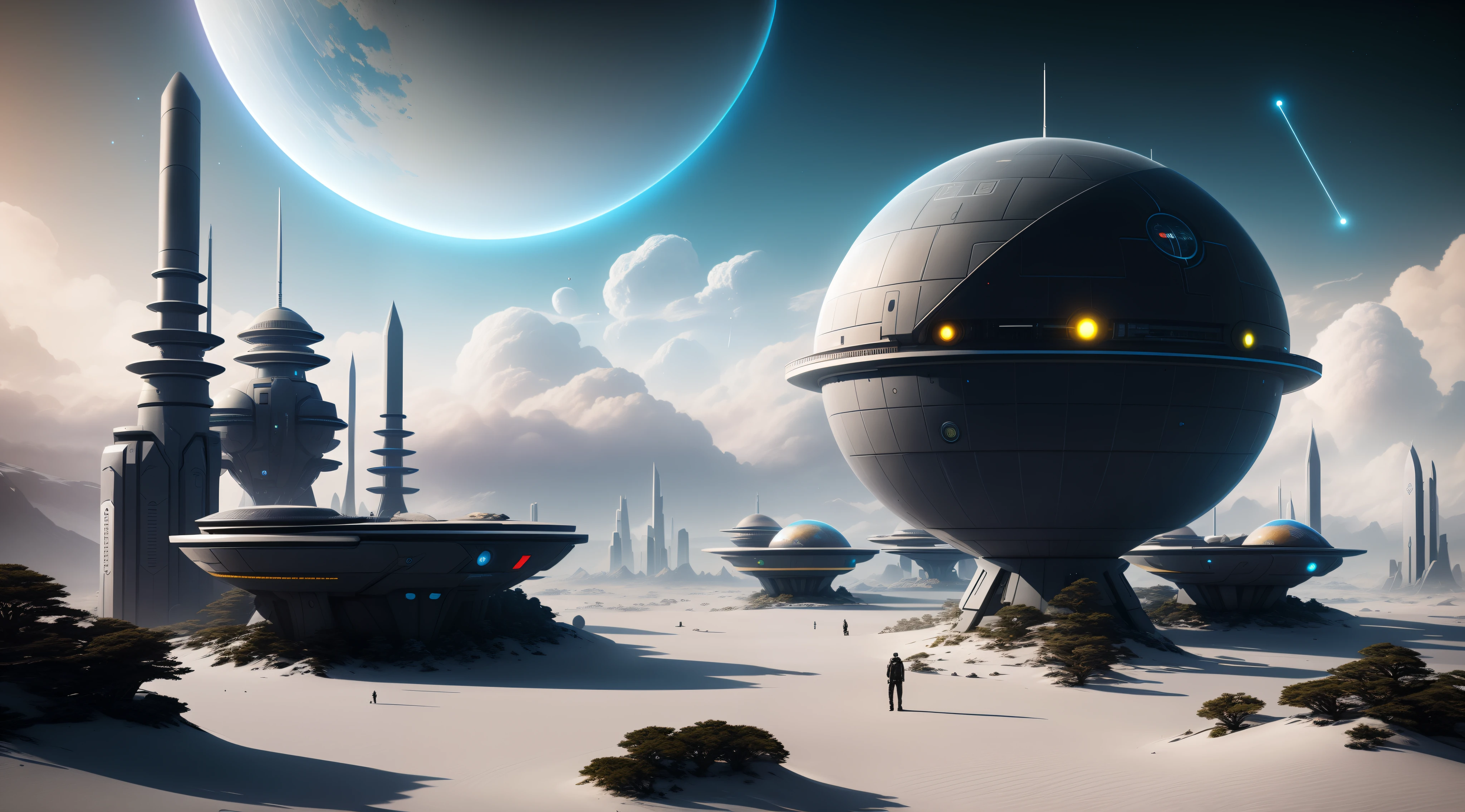 Close-up of a futuristic city with a giant sphere in the middle, Concept -art Destiny, Sci-fi fantasy wallpapers, Beautiful sci-fi art, sci-fiish landscape, Photograph of a Dyson sphere, Stationation and beeple high, sci fi epic digital art, detailed sci-fi art, sci-fi digital art, sci-fiish landscape