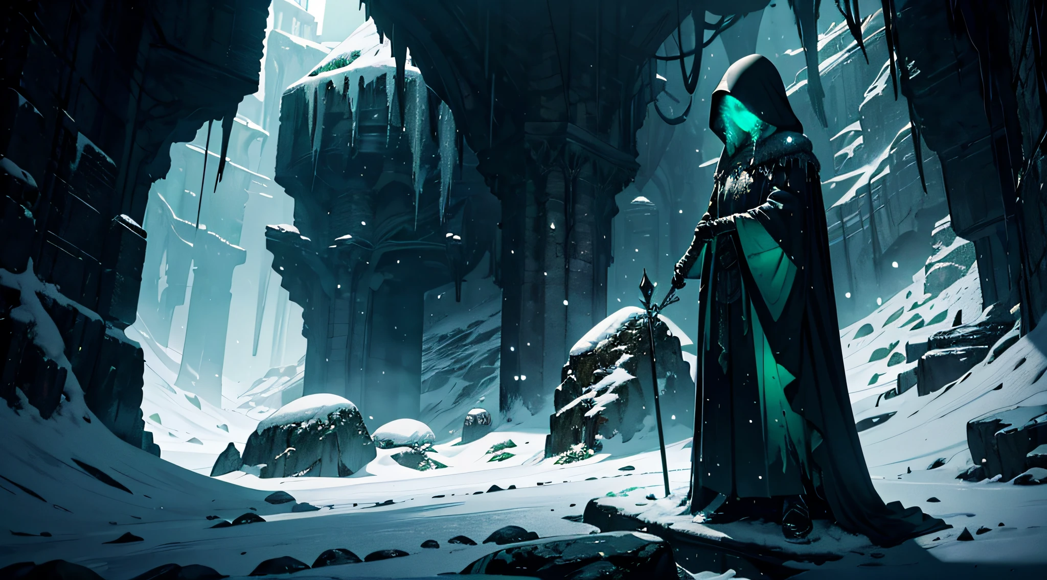 dark art, highly detailed landscape, underground, pale lights, cold lighting, cold caves, snowy caves, dark lighting, enveloping darkness, ancient pale altar, faint glowing green symbols, anime girl, standing, closed clothing, cloak and hood covered with snow, raises a staff with a smoldering fire at the end, horror art, gloomy atmosphere