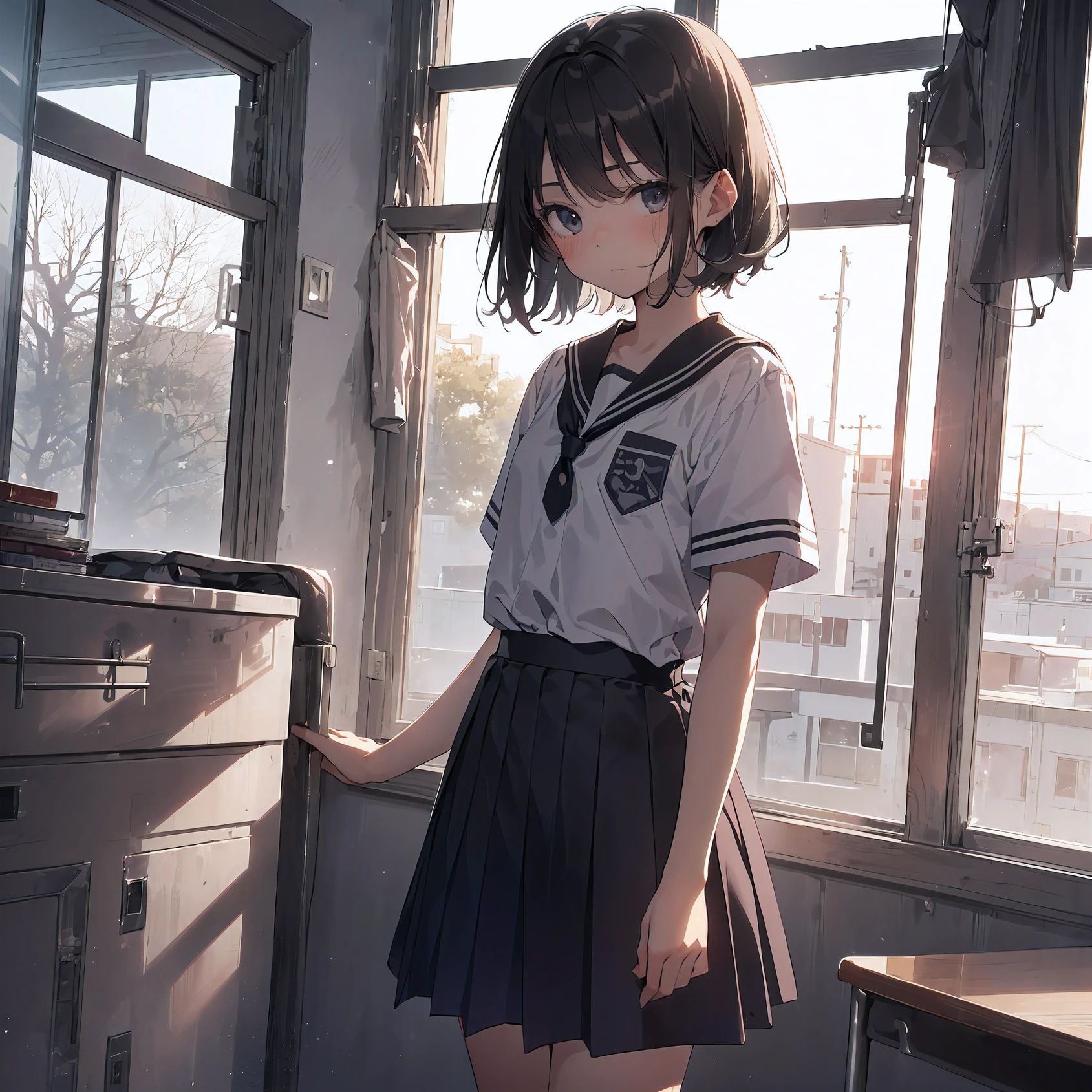 top-quality,1girl, (Solo,Loli face,-yeld:1.a junior hiool student,air),Full limbs,complete fingers,flat chest, Small butt, groin, Beautiful detailed black eyes, disgusted eye, school Uniform,
she walks hunched over,(Detailed Lighting), (Detailed background), (in the school),