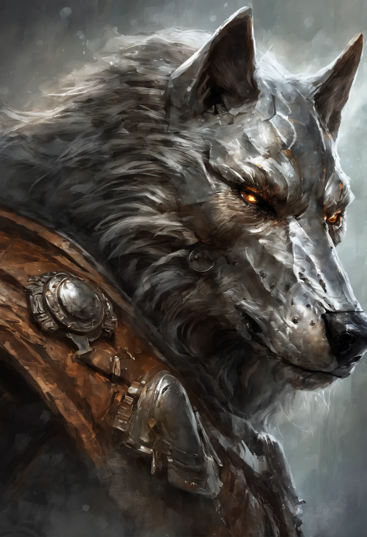 Maximum quality, dramatic lighting, threatening pose, fierce expression, Epic atmosphere, (((Helmet in the shape of a wolf's head))), (((Prise de vue du corps entier))),A metal wolf, Cyborg, Style cyberpunk, rouage, ((Intricate details)), Hdr, ((Intricate details, hyperdetailed)), Incandescent lamps, cinematic shot, Vignette, Effet bokeh Beckground, (Canines), (Prise de vue du corps entier).