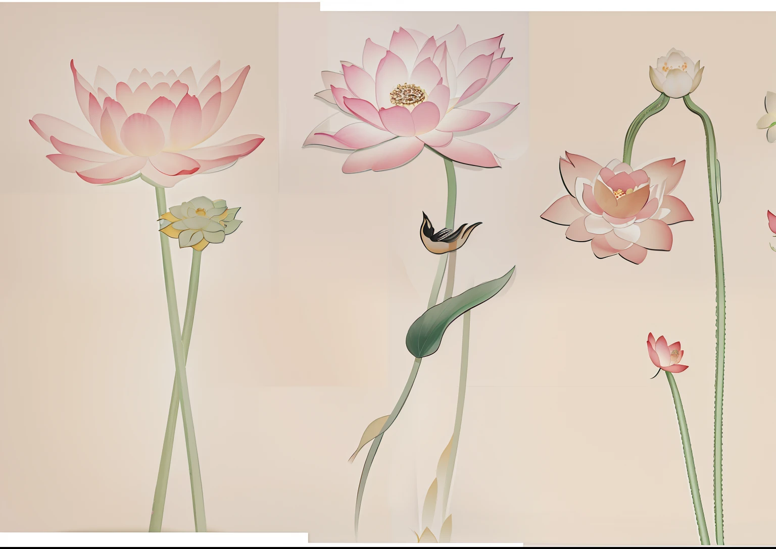 There are three different kinds of flowers and birds on the stems, lotuses, inspired by Xie Shichen, inspired by Yun Shouping, Chinese painting style, lotuses, author：Liao Zhichun, Lotus, inspired by Jiao Bingzhen, Chinese watercolor style, inspired by Cui Bai, inspired by Min Zhen, Chinese style painting