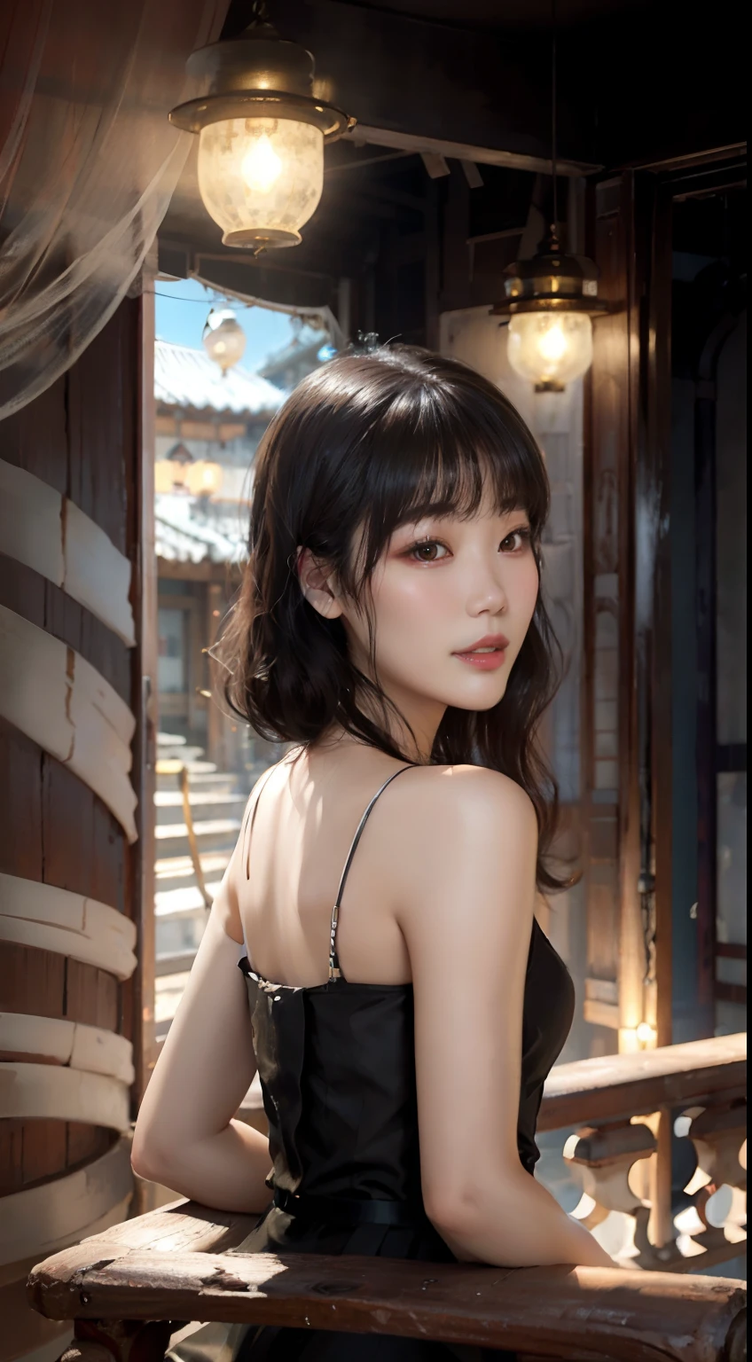 Woman in black dress posing on balcony,, beautiful Korean women, A skirt with a wrap around the chest,Woman with short off-the-shoulder hair, Beautiful young Korean woman, Gorgeous young Korean woman, Background in a room with enchanting lights,The expression is tumultuous
