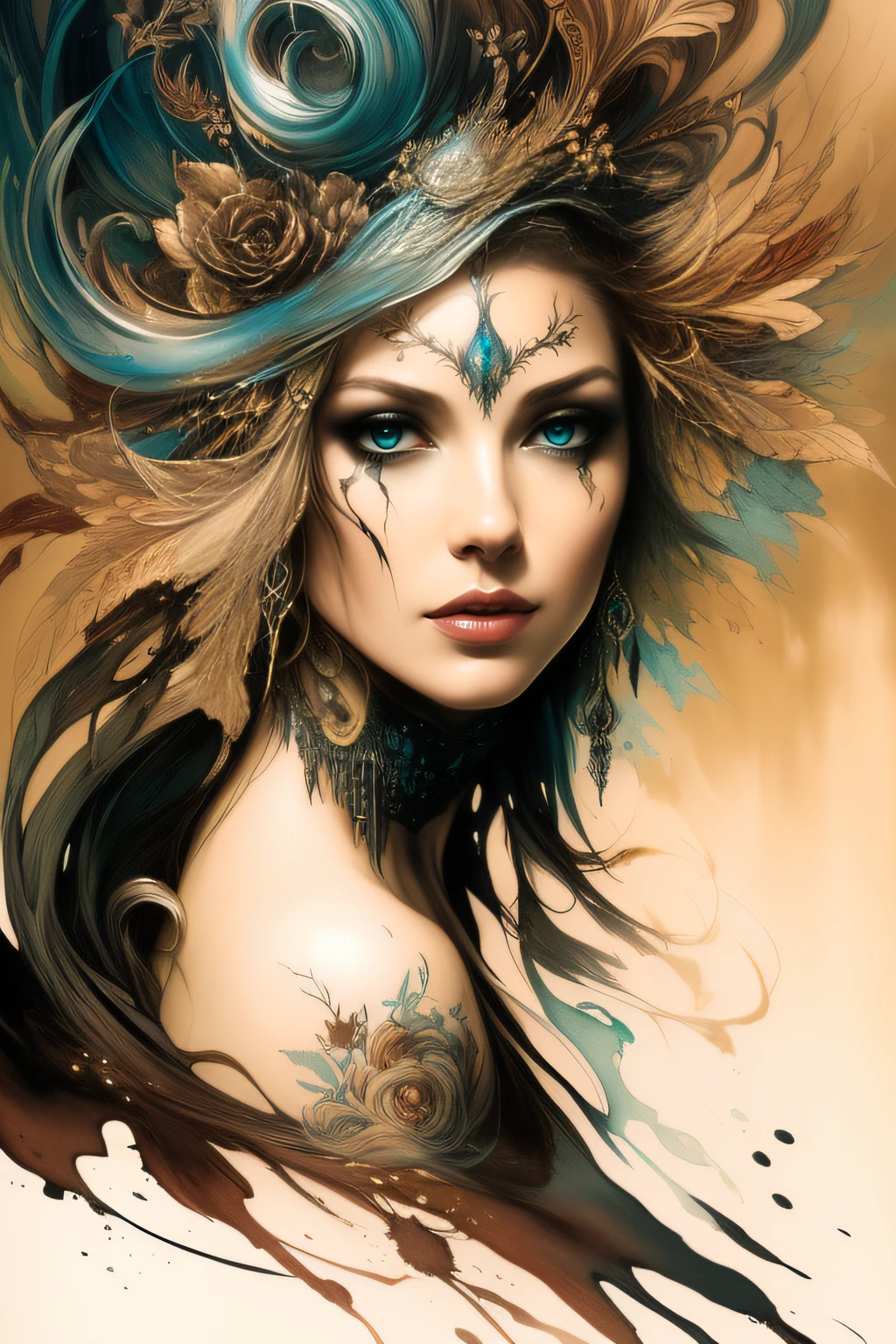 Colorful beautiful woman: Black ink flow: 8k resolution photorealistic masterpiece: by Aaron Horkey and Jeremy Mann: intricately detailed fluid gouache painting: by Jean Baptiste Mongue: calligraphy: acrylic: watercolor art, professional photography, natural lighting, volumetric lighting maximalist photoillustration: by marton bobzert: 8k resolution concept art intricately detailed, complex, elegant, expansive, fantastical