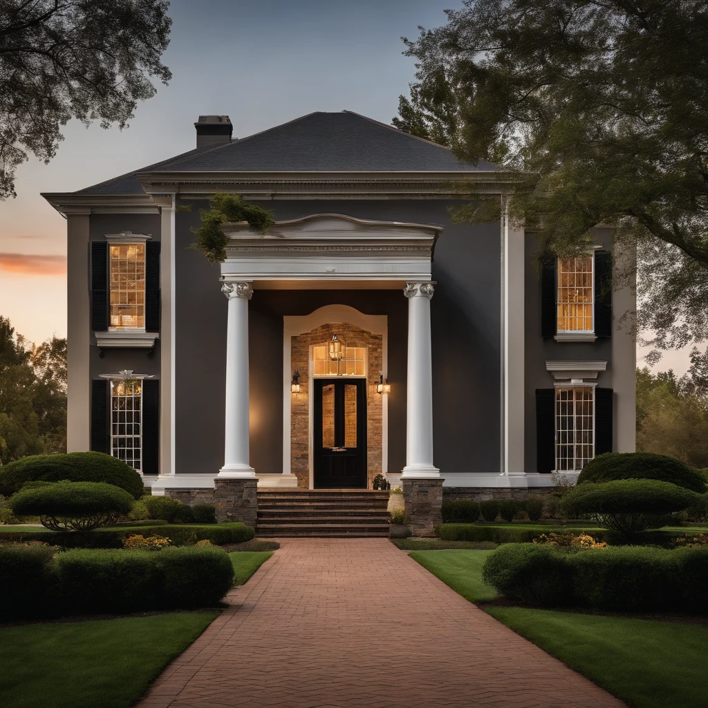 Create a captivating image showcasing the house from a slightly lower angle, capturing it in a wide panel. Two imposing columns support the roof above the main entrance, framing a pair of sturdy doors with a bat-shaped clapper. The windows of the house are tightly shut and securely boarded up, adding an air of mystery. In the foreground, a meticulously maintained lawn provides a sharp contrast to the darkening sky as the sun sets, casting a warm, fading light over the scene.