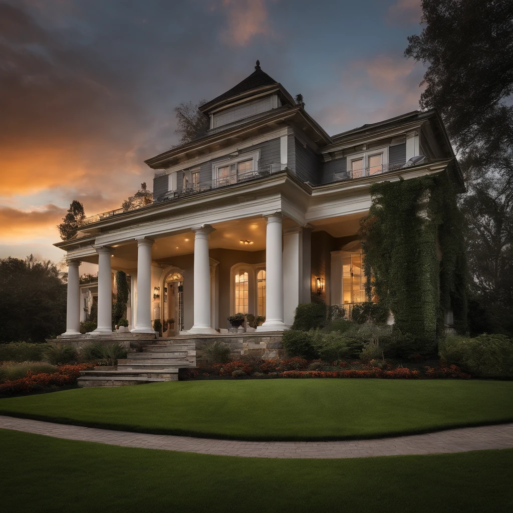 Create a captivating image showcasing the house from a slightly lower angle, capturing it in a wide panel. Two imposing columns support the roof above the main entrance, framing a pair of sturdy doors with a bat-shaped clapper. The windows of the house are tightly shut and securely boarded up, adding an air of mystery. In the foreground, a meticulously maintained lawn provides a sharp contrast to the darkening sky as the sun sets, casting a warm, fading light over the scene.