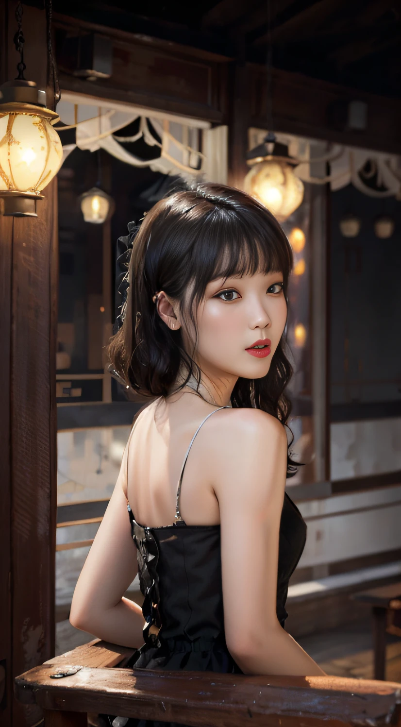 Woman in black dress posing on balcony,, beautiful Korean women, A skirt with a wrap around the chest，Woman with short off-the-shoulder hair, Beautiful young Korean woman, Gorgeous young Korean woman, Background in a room with enchanting lights，The expression is tumultuous