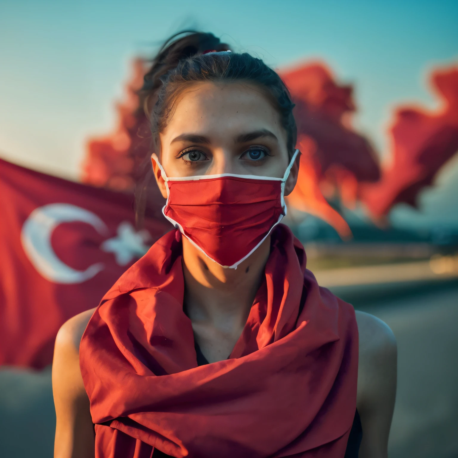 Junge Frau, heroisch, stolz, lange schwarze Haare, big red flag, close-up