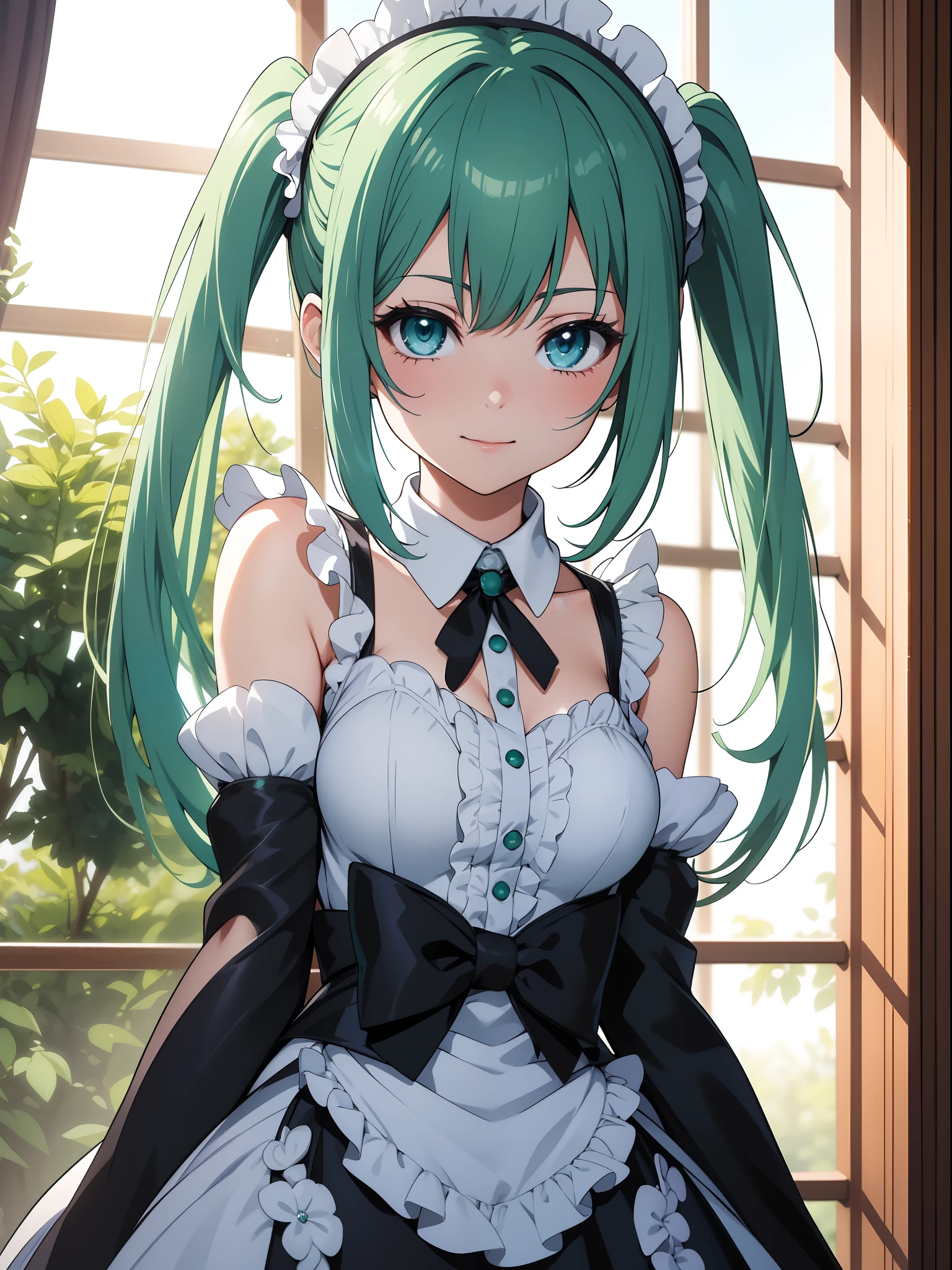 Official art、Top quality ultra-detailed CG art、miku hatsune:1.2)、Green head hair、lively girl、Maids、Transcendent Cute、kirakira、Twin-tailed、ssmile、bob cuts、turn、
