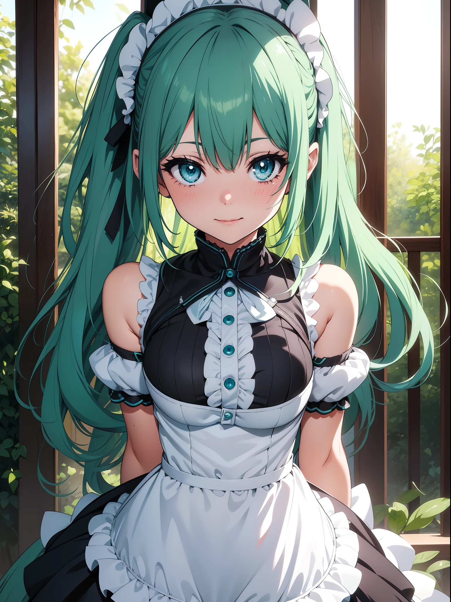 Official art、Top quality ultra-detailed CG art、miku hatsune：１.２）、Green head hair、lively girl、Maids、Transcendent Cute、kirakira、Twin-tailed、ssmile、bob cuts、turn、From  above