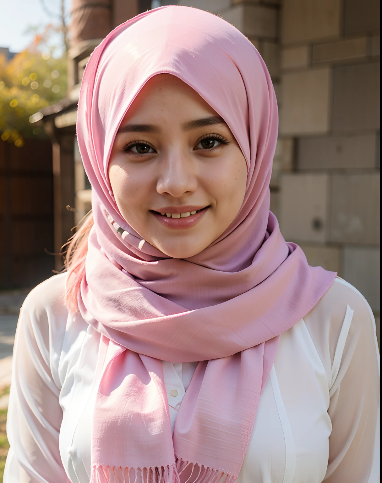 a woman wearing a pink scarf and smiling, dilraba dilmurat, zenra taliyah, hijab, shawl, malaysian, white hijab, scarf, head scarf, transparent shirt, sexy pose, sleepy eyes, open mouth