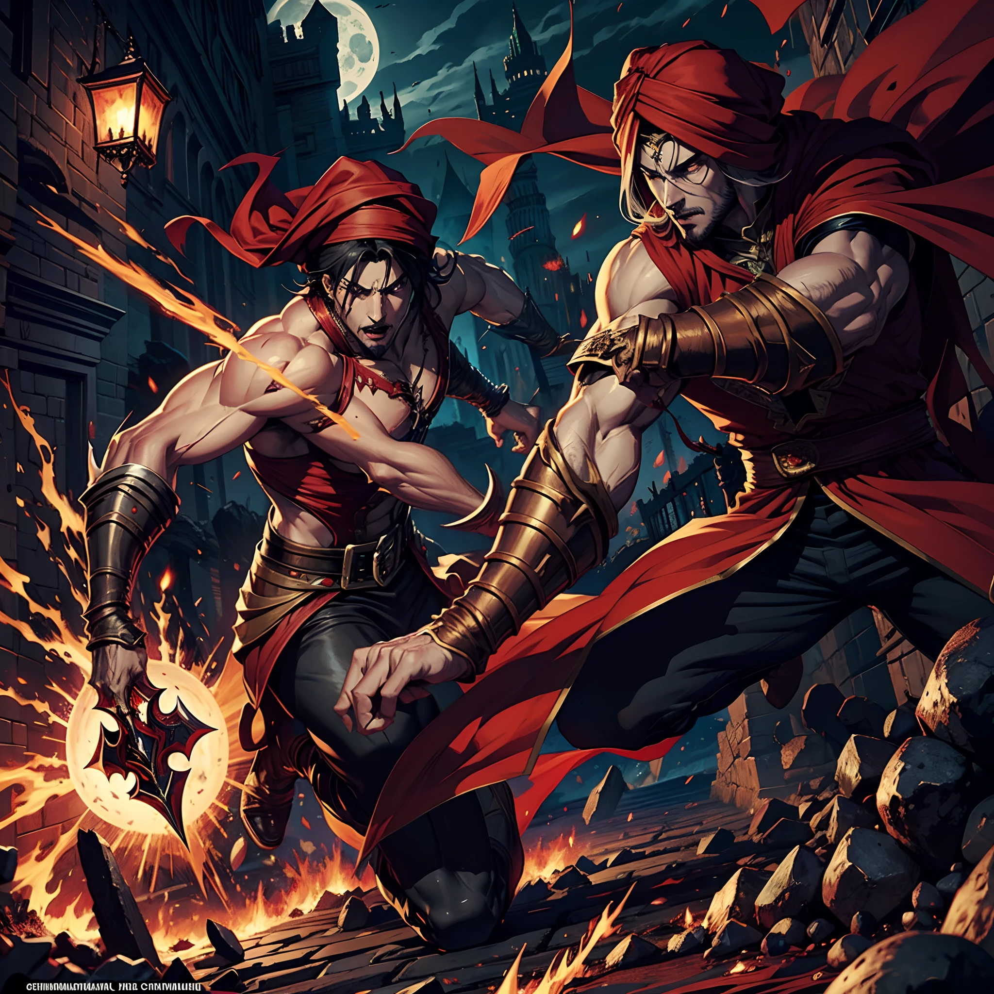 Comic Book page of Castlevania Lord of the shadows red turban in battle with scary demons hyper realistic super detailed faces hyper realistic super detailed bodies moroccan Islamic hyper realistic super detailed Anatomy correct proportions super detailed faces