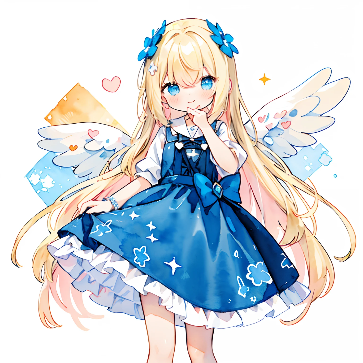 (PastelColors:1.5)、(Cute illustration:1.5)、(watercolor paiting:1.2)、(1 girl:1.0)、hair between eye、(Color: 1.5), (Cute illustration: 1.5), (watercolor paiting: 1.2), (1 girl: 1.0), (1 girl: 1.2), hair between eye, White background, girl, Whole body espian, Angel Girl, Light ring on the head, Puffy skirt design, Angel Design, Style, Two-tier blue dress skirt, Sparkling Heart, Blonde hair with swaying hair, Haze, Smile、pallet、Drawing、inky、background orange