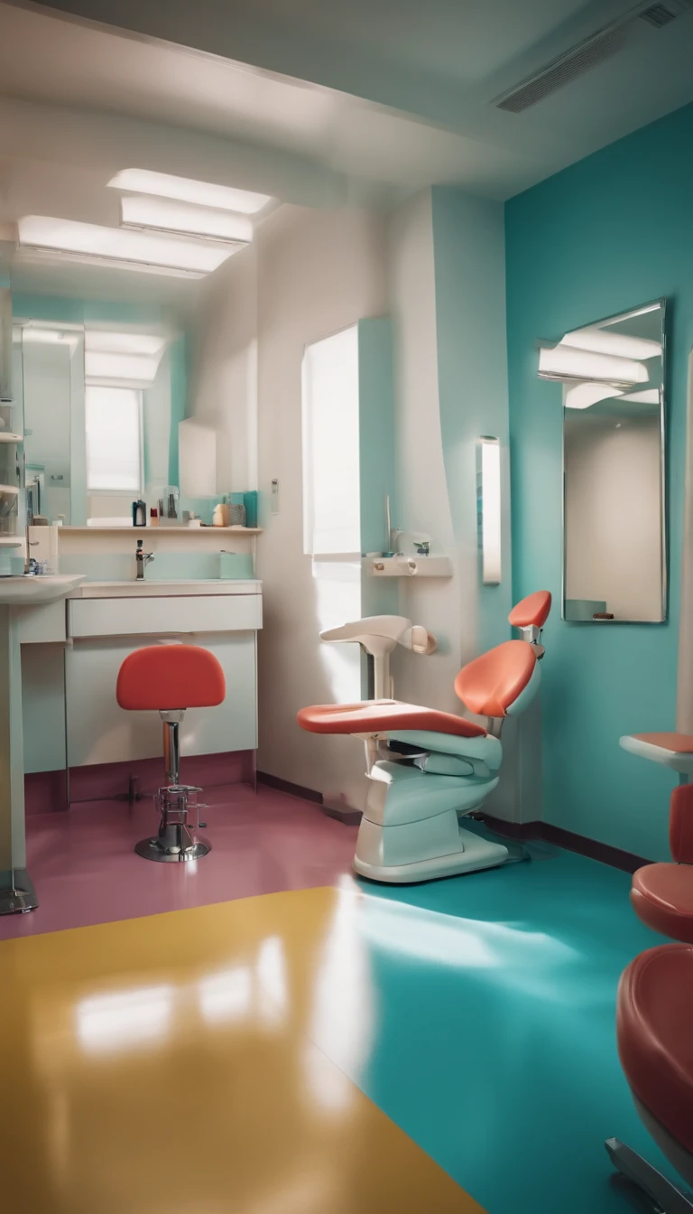 Smile but shame, staring right into camera, at centre, Very bright colors, with light glowing, standing on your feet，Dental office，white crane，