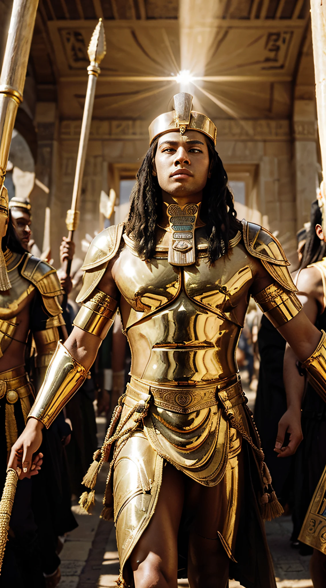 A majestic Pharaoh leading a procession of loyal men, their heads held high and their eyes fixed on their leader's every move. The sun glints off their golden armor, casting a radiant glow on the scene.