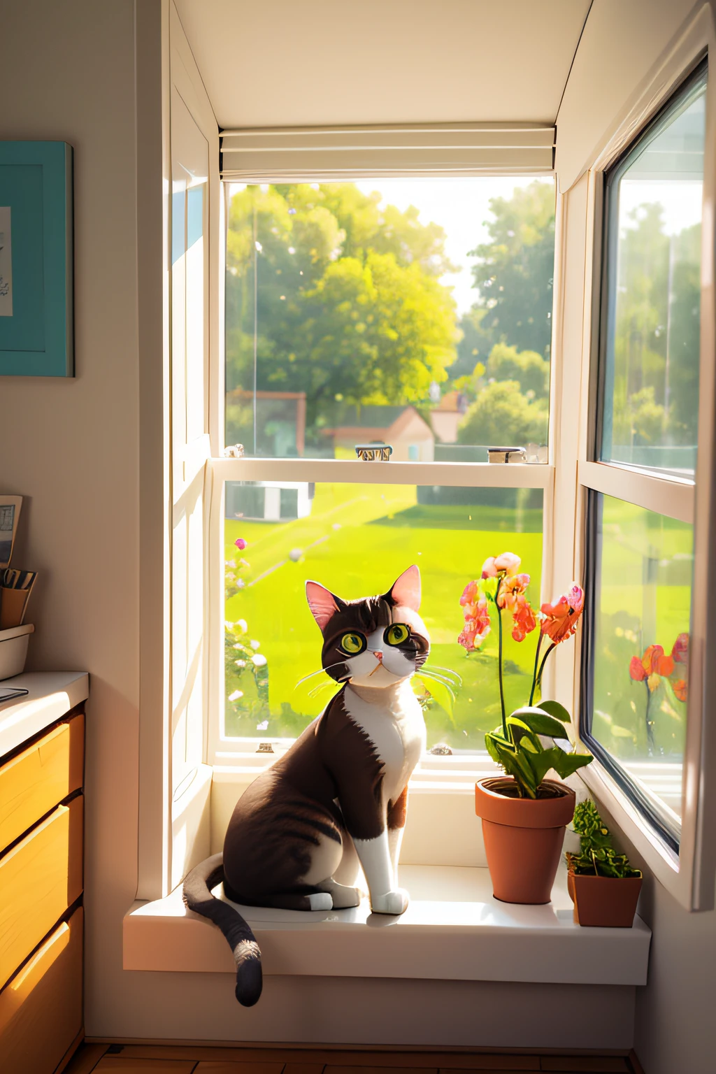 eine Katze,Positive perspective,Symmetrical full window,The cat walks around on the windowsill of the room,Early morning sun,Soft lighting,Outside the window is the garden,White Desk