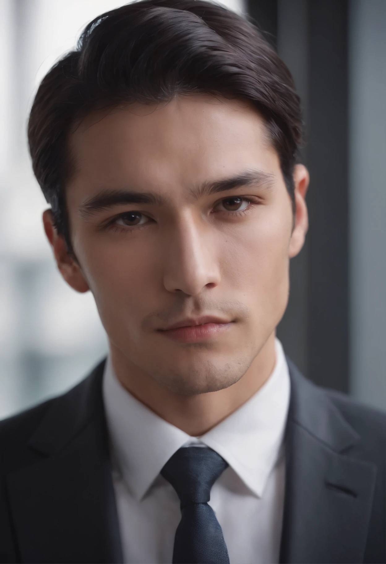 Attractive 27-year-old athlete with medium-long black hair and Hugo Boss business suit、a handsome