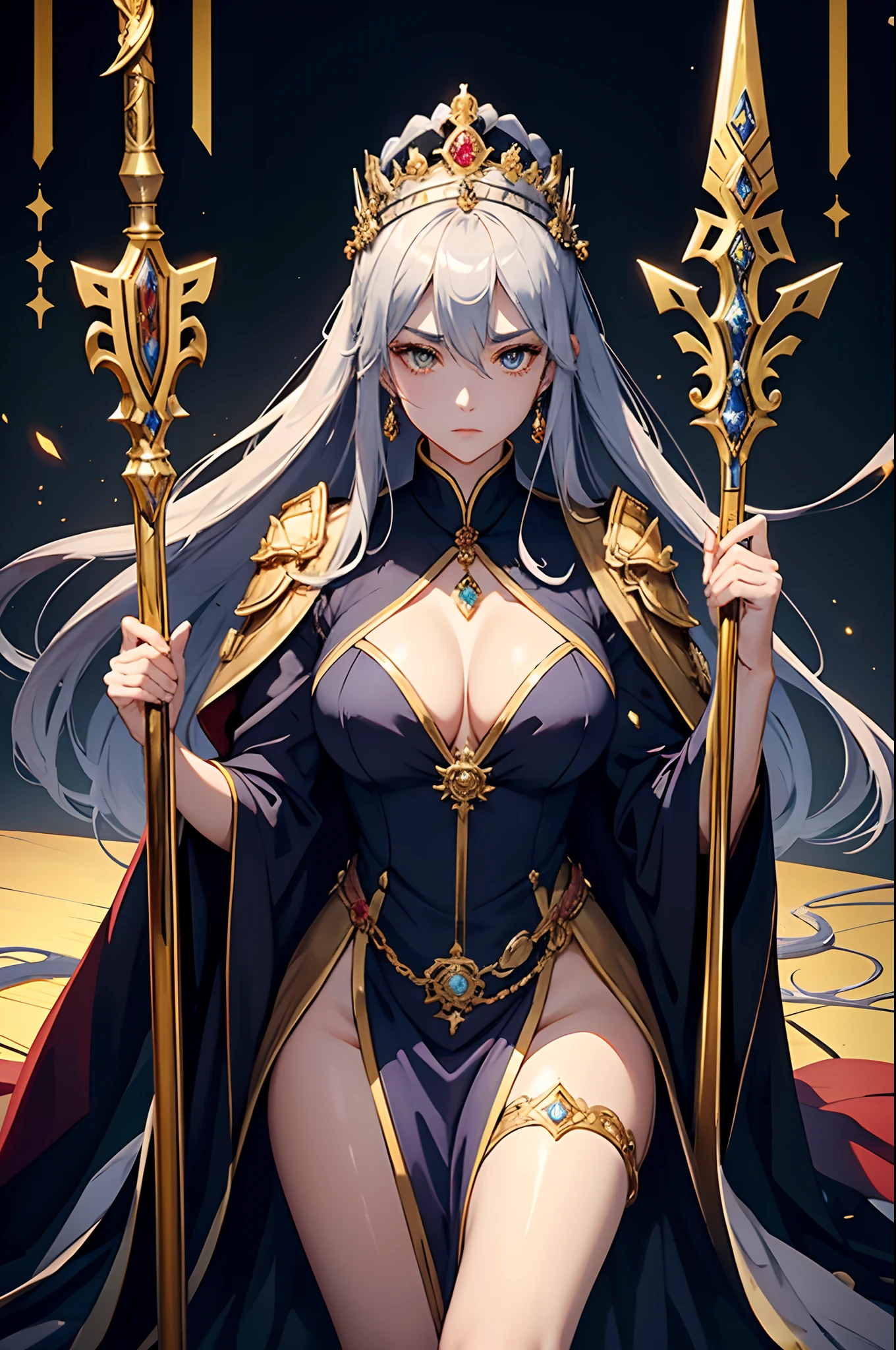 She was dressed in a sumptuous and dignified royal attire,Decorated with gold、Silver and precious stones,It shows her nobility and rulership。She wears a crown on her head,A sign of her power and status。
She sat on a huge golden jade throne,Majestic and solemn。Her gaze was deep and sharp,Reveals endless wisdom and dominance。Her posture is erect,It shows the confidence and majesty of the ruler。
Behind him is a huge army,The soldiers lined up in a uniform line,The weapon glows with a cold light。This immense power symbolizes her dominance and control。She holds a scepter or sword in her hand,It symbolizes her authority and power of life and death。
Her countenance was solemn and cold,It reveals an inviolable determination and firmness。There was an air of sharpness and majesty in her expression,makes people dare not easily violate her bottom line。
This powerful woman exudes a powerful and domineering atmosphere。With her power of dominance and determination, she demonstrated her protection and domination over her territory and her people,It shows her might and domineering as a ruler。