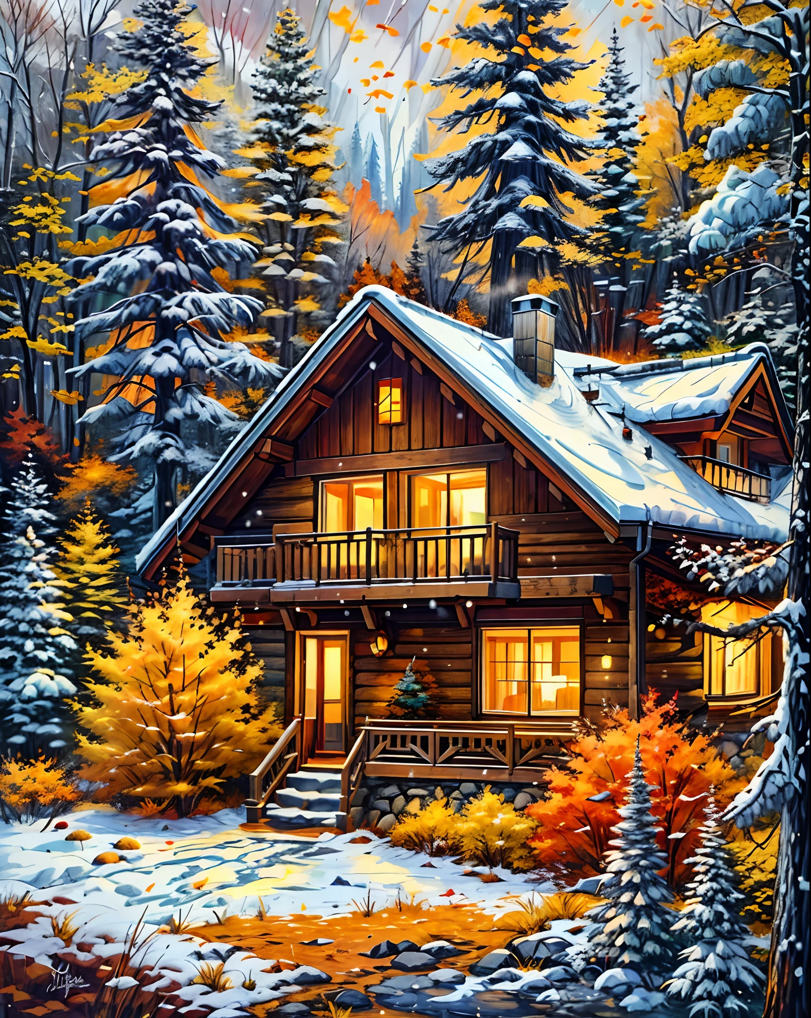 A cozy mountain chalet nestled among towering pine trees, the golden hues of autumn leaves, a light snowfall dusting the scene, a feeling of warmth and serenity, Painting, acrylic on canvas