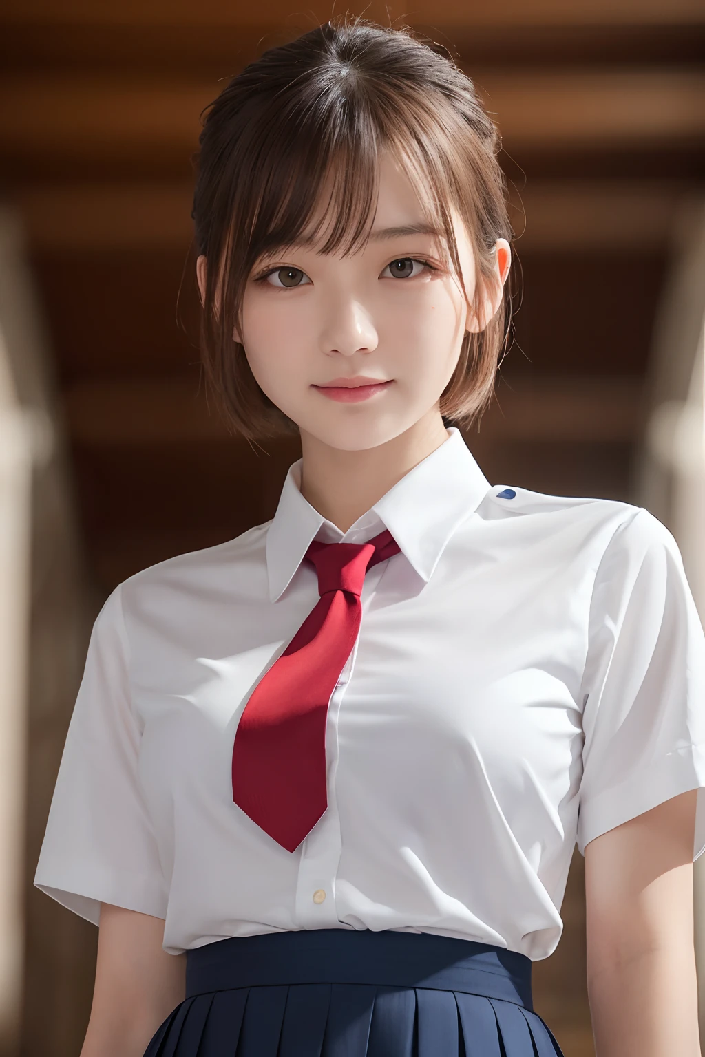 ((masutepiece)), ((Best Quality)), (Ultra-detailed), ((Extremely detailed)), 4K, (8K), Best Quality, (Beautiful), Gradation, (masutepiece, Best Quality:1.2), 8K, 18year old, 85 mm, Official art, Raw photo, absurderes, White dress shirts, Pretty Face, close up, Upper body, violaceaess, gardeniass, Beautiful Girl, School uniform, (Navy pleated skirt:1.1), Cinch West, thighs thighs thighs thighs, Short sleeve, short-hair、atlibrary, Looking at Viewer, No makeup, (Smile), Film grain, chromatic abberation, Sharp Focus, face lights, clear lighting, Teen, Detailed face, Bokeh background, (dark red necktie:1.1)、medium breasts⁩