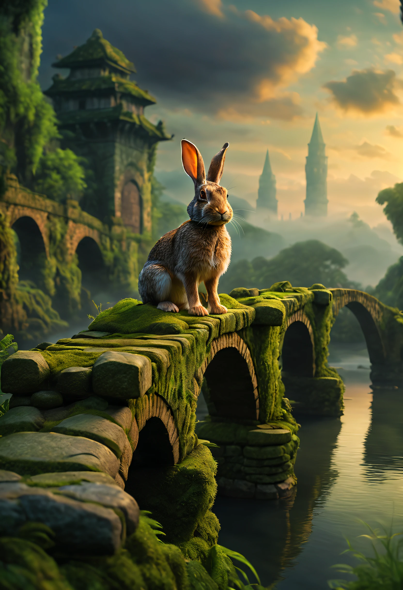 In an ancient city on the edge, an adventurous rabbit stands on an old stone bridge. Below the bridge, there is a turbulent river, and on both sides of the riverbank, there are dense jungles. The lingering sunset illuminates the courageous figure of the adventurous rabbit. The stones on the bridge are mottled and ancient, covered with moss and wild grass. The distant city is shrouded in clouds and mist, giving a sense of mystery. In this artwork, the meticulous details depict the rabbit's fur, the texture of the stone bridge, and the outline of the city, all of which are clearly visible. The lifelike lighting effects make the entire scene full of dynamism.

Tags: adventurous rabbit, ancient city, stone bridge, turbulent river, dense jungles, lingering sunset, mottled stones, moss, wild grass, clouds, mist, detailed fur, textured bridge, mysterious city, realistic lighting effects. 

(best quality, 4k, 8k, highres, masterpiece:1.2), ultra-detailed, (realistic, photorealistic, photo-realistic:1.37), HDR, UHD, studio lighting, extreme detail description, professional, vivid colors, bokeh, portraits, landscape, concept artists.