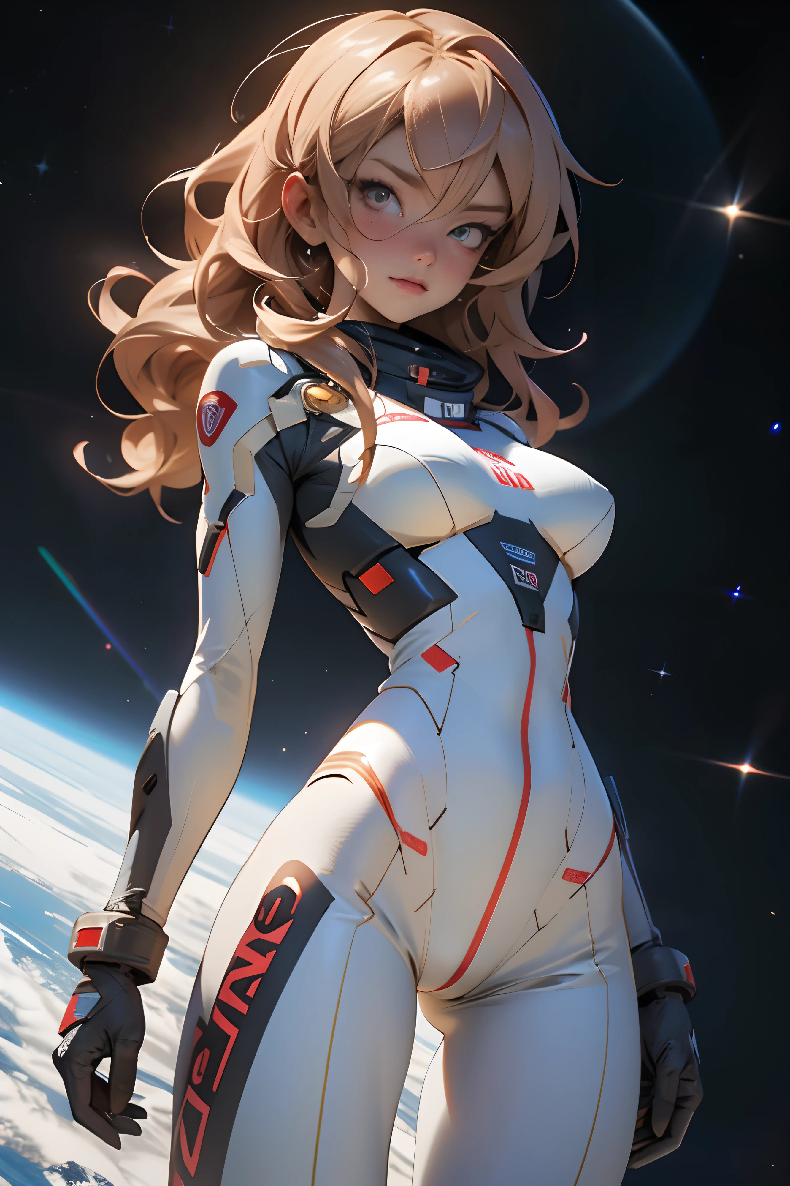 sandy hair fit body large breasts slender thighs slender waist pilot suit solo looking at viewer in space long hair blushing determination, 8k, extreme detail,