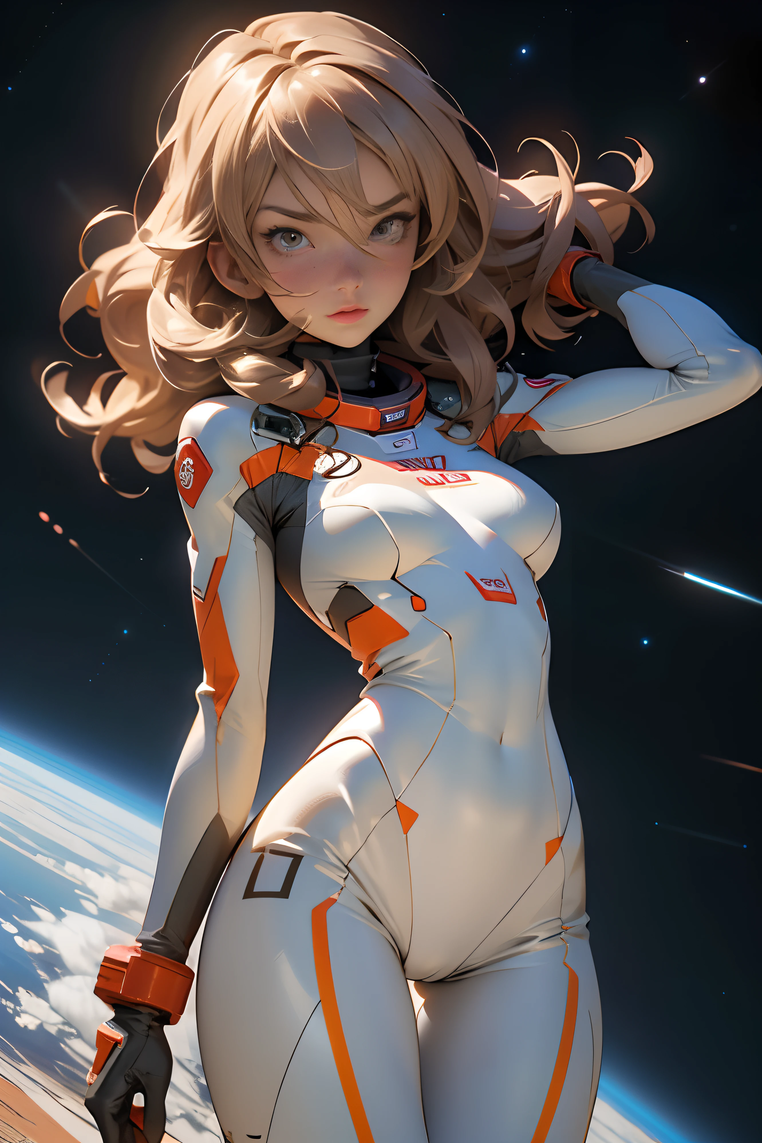 sandy hair fit body large breasts slender thighs slender waist pilot suit solo looking at viewer in space long hair blushing determination, 8k, extreme detail,