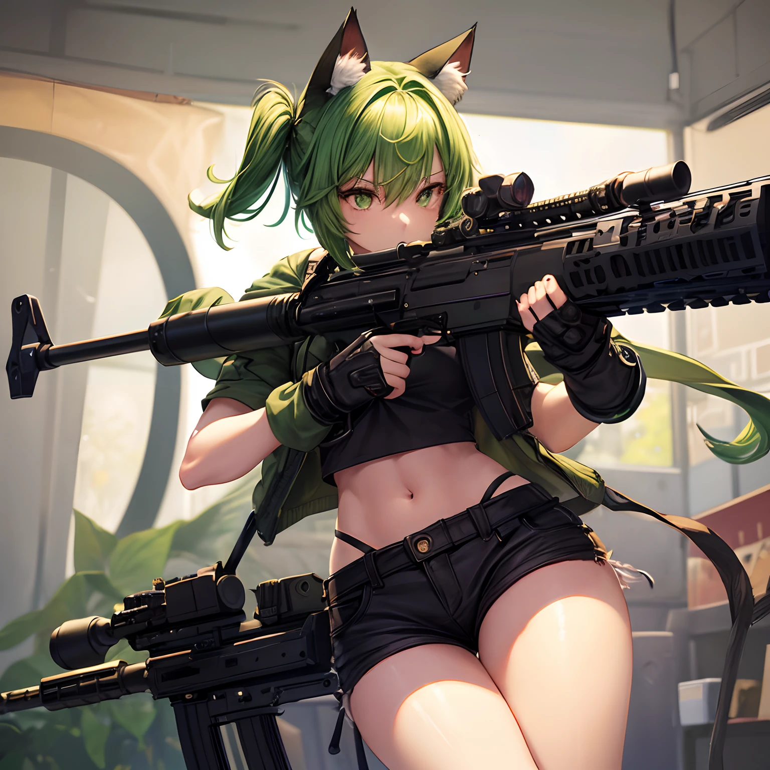 1girl, catgirl, green hair, cat ears, black shorts, micro shorts, crop top, short hair, cat tail, small breasts, sniper_rifle, gun, weapon, insane details, anti-materiel rifle, holding weapon, thick thighs, from side, bottom view