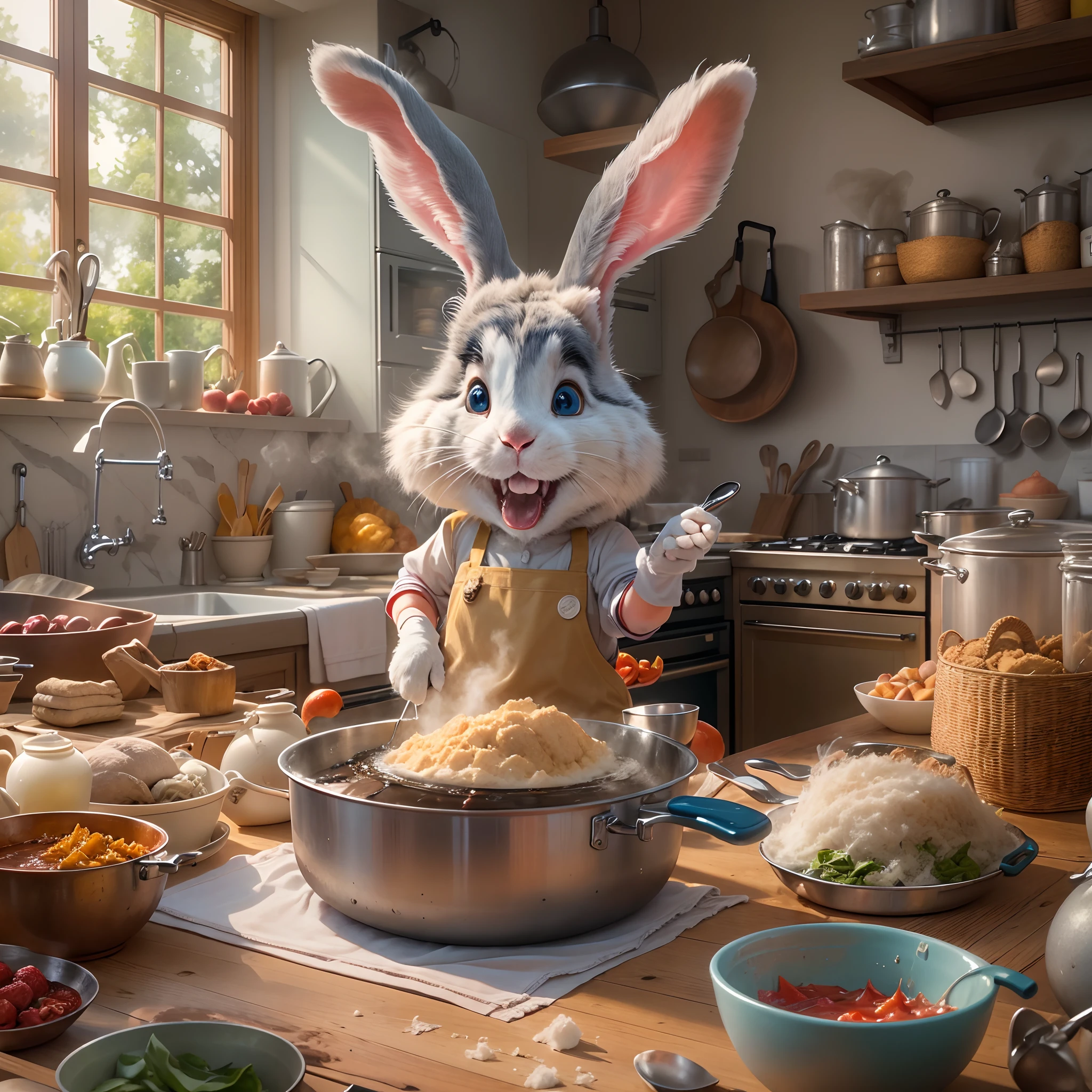 (best quality,4k,highres,masterpiece:1.2),A rabbit exploring in the giant's kitchen,[realistic, vivid colors],fluffy fur,expressive eyes,cute pink nose,nimble,curious,intense lighting,surrounded by oversized utensils,steaming pots and pans,shiny countertops,playful in a cooking apron and chef's hat,delicious aroma filling the air,colorful ingredients scattered around,whisking batter in a big mixing bowl,sparkling clean dishes neatly stacked,soft natural light coming through the window,enchanted atmosphere.