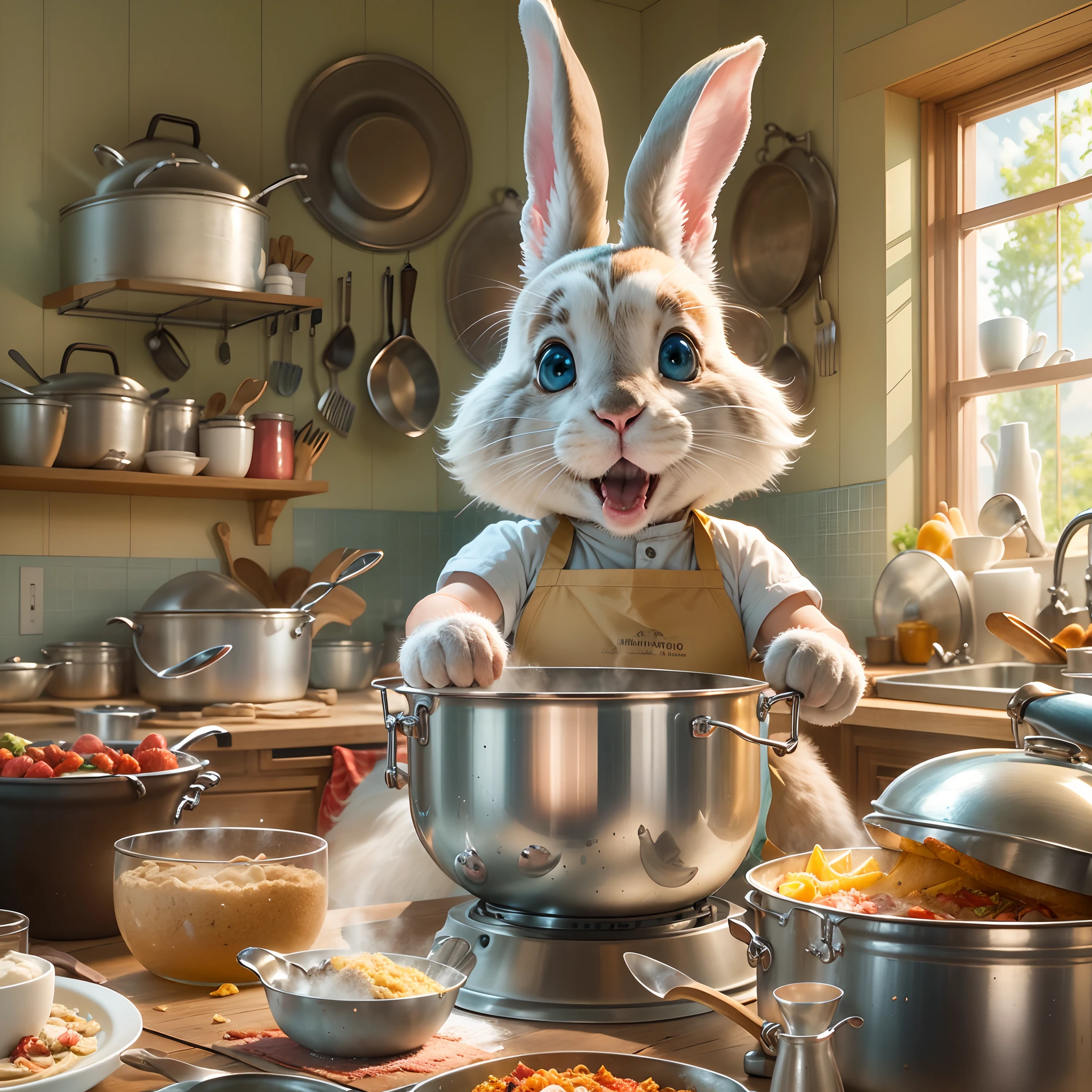 (best quality,4k,highres,masterpiece:1.2),A rabbit exploring in the giant's kitchen,[realistic, vivid colors],fluffy fur,expressive eyes,cute pink nose,nimble,curious,intense lighting,surrounded by oversized utensils,steaming pots and pans,shiny countertops,playful in a cooking apron and chef's hat,delicious aroma filling the air,colorful ingredients scattered around,whisking batter in a big mixing bowl,sparkling clean dishes neatly stacked,soft natural light coming through the window,enchanted atmosphere.