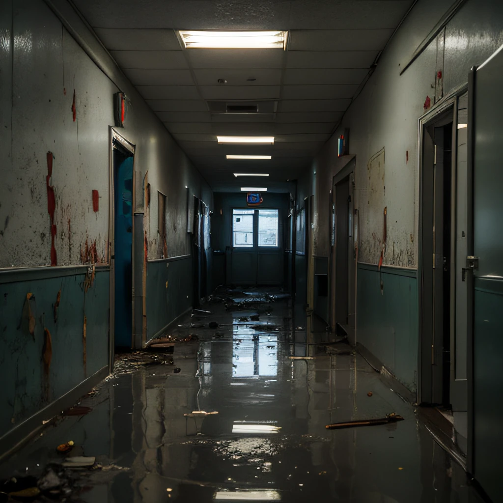 High Quality, Best Picture Quality, Best Quality, High Quality, 8K, 16K, 32K, (Inside an Abandoned Hospital), Night, Dimm, Fear, Doctor's Office, Medical Record, Old modern hospital, blood splattered on the walls, standing water, broken lights, broken windows, weeds, (((Post-apocalyptic style))), (((hospital hallway focus))), broken window, horror mood, lack of light