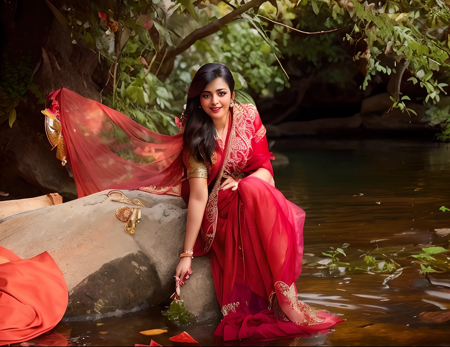 there is a woman in a red dress sitting on a rock, dressed in a sari, candid photography, traditional photography, photo taken with nikon d750, photo taken with nikon d 7 5 0, very beautiful photo, * colour splash *, closeup portrait shot, gorgeous lady, candid portrait photo, wearing a sari, joyful look, portrait shot, candid portrait photograph