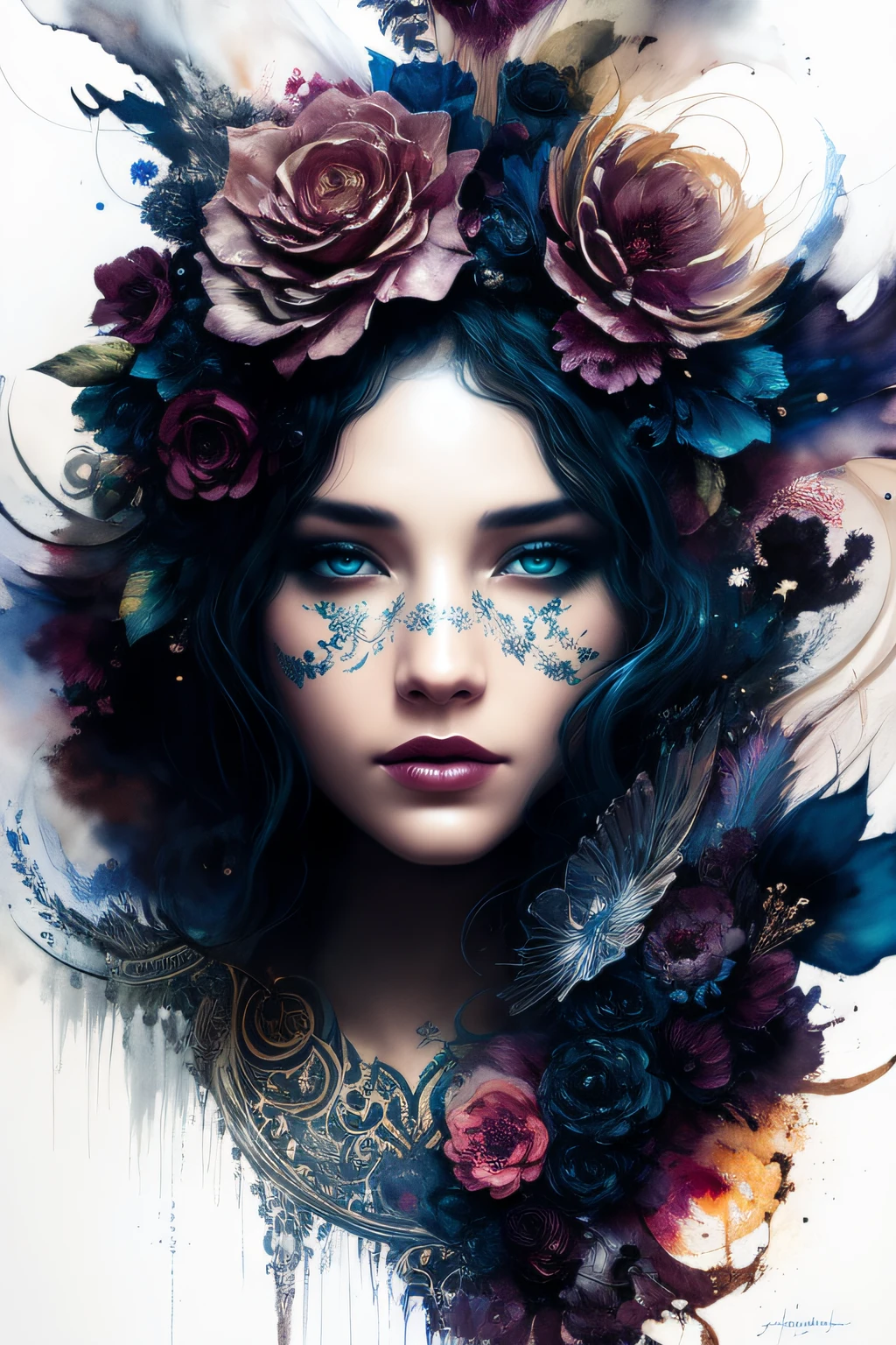 Colorful beautiful woman: Black ink flow: 8k resolution photorealistic masterpiece: by Aaron Horkey and Jeremy Mann: intricately detailed fluid gouache painting: by Jean Baptiste Mongue: calligraphy: acrylic: watercolor art, professional photography, natural lighting, volumetric lighting maximalist photoillustration: by marton bobzert: 8k resolution concept art intricately detailed, complex, elegant, expansive, fantastical
