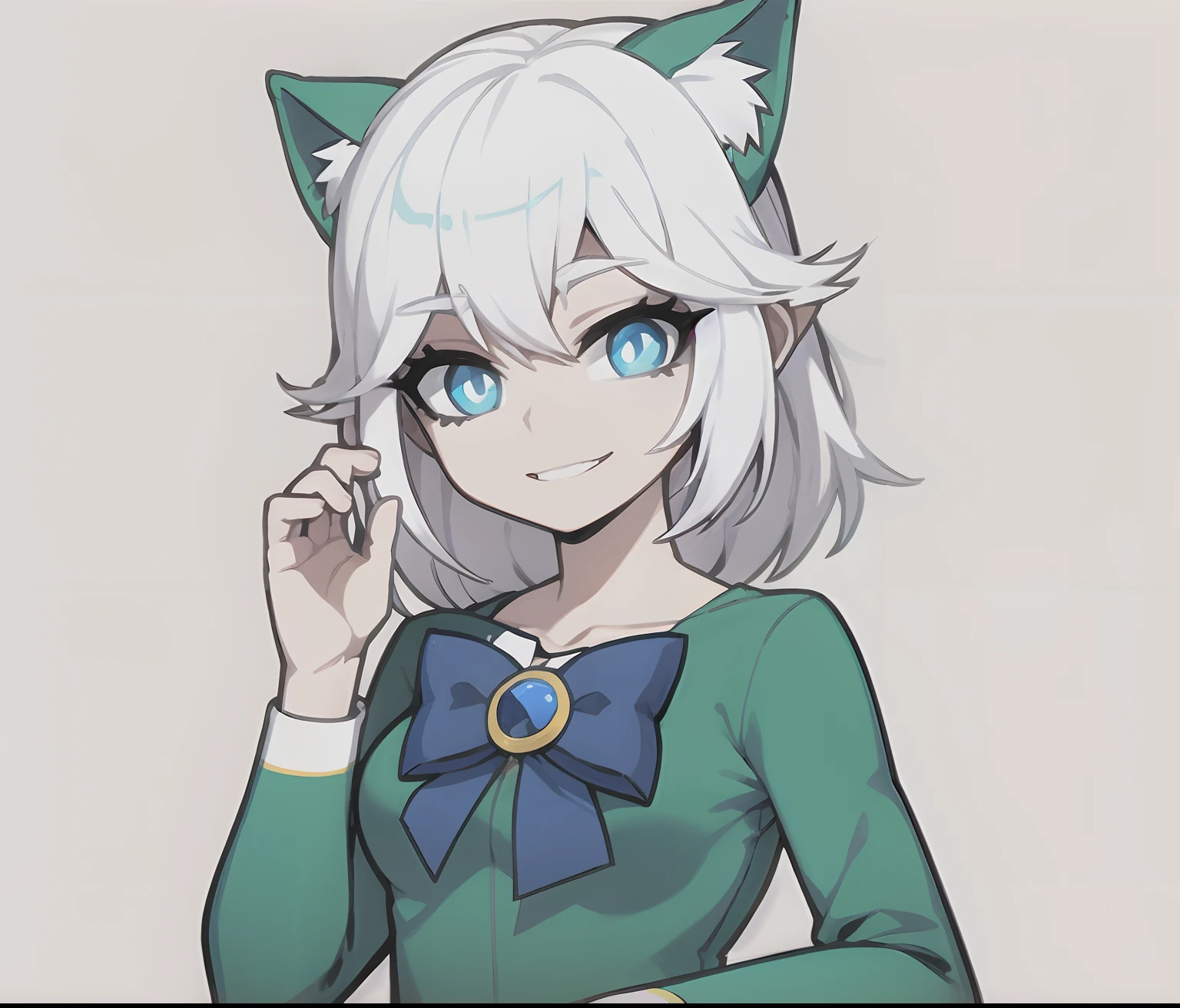 Cartoon drawing of a woman with white hair and a green sweater, [[[[sonriendo malvado]]]], Hembra Fursona, Chica de anime con cabello verde azulado, Anime Catgirl, Fursona!!!!, zorro blanco de pelo, Holo es una chica lobo, Fursona con ropa elegante, Chica anime con orejas de gato, en un estilo anime, unknown artstyle