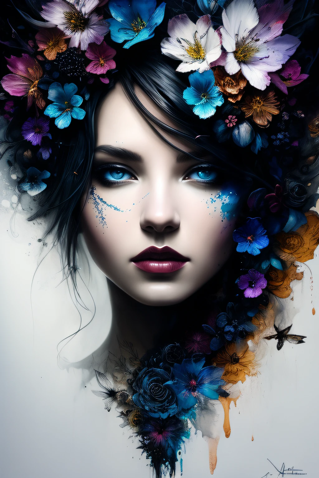 Colorful beautiful woman: Black ink flow: 8k resolution photorealistic masterpiece: by Aaron Horkey and Jeremy Mann: intricately detailed fluid gouache painting: by Jean Baptiste Mongue: calligraphy: acrylic: watercolor art, professional photography, natural lighting, volumetric lighting maximalist photoillustration: by marton bobzert: 8k resolution concept art intricately detailed, complex, elegant, expansive, fantastical