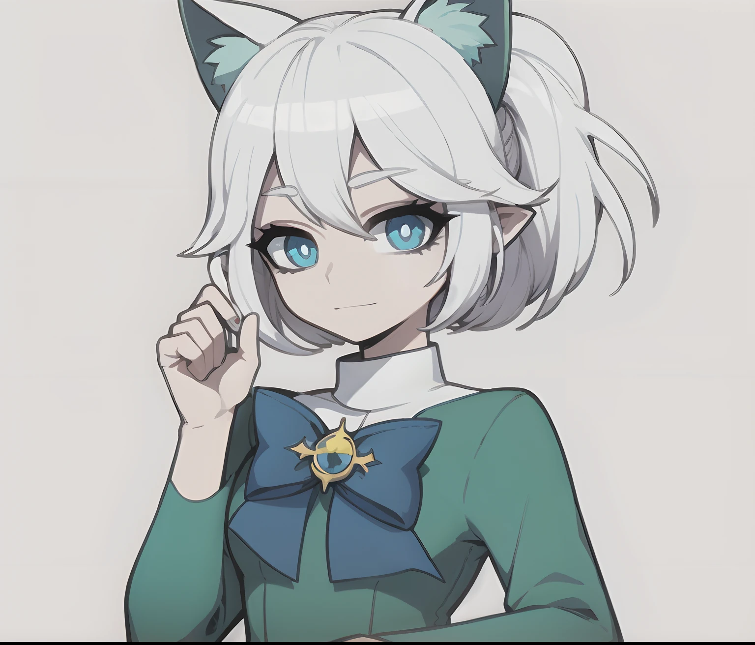 Cartoon drawing of a woman with white hair and a green sweater, [[[[sonriendo malvado]]]], Hembra Fursona, Chica de anime con cabello verde azulado, Anime Catgirl, Fursona!!!!, zorro blanco de pelo, Holo es una chica lobo, Fursona con ropa elegante, Chica anime con orejas de gato, en un estilo anime, unknown artstyle