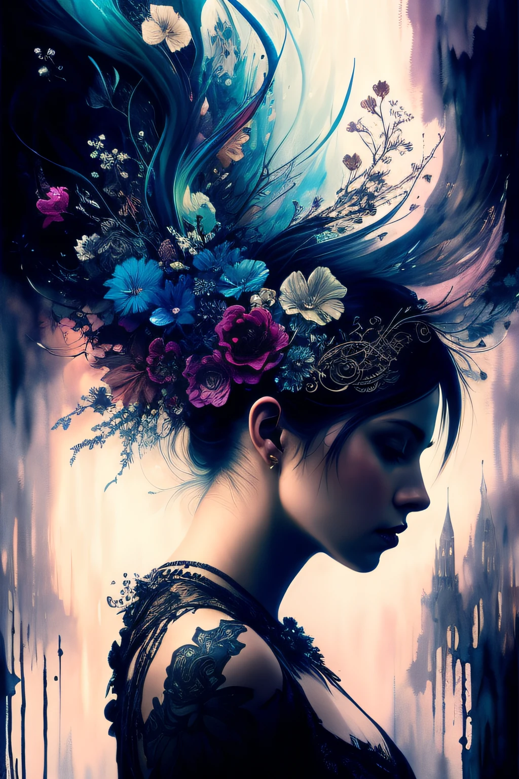 Colorful beautiful woman: Black ink flow: 8k resolution photorealistic masterpiece: by Aaron Horkey and Jeremy Mann: intricately detailed fluid gouache painting: by Jean Baptiste Mongue: calligraphy: acrylic: watercolor art, professional photography, natural lighting, volumetric lighting maximalist photoillustration: by marton bobzert: 8k resolution concept art intricately detailed, complex, elegant, expansive, fantastical