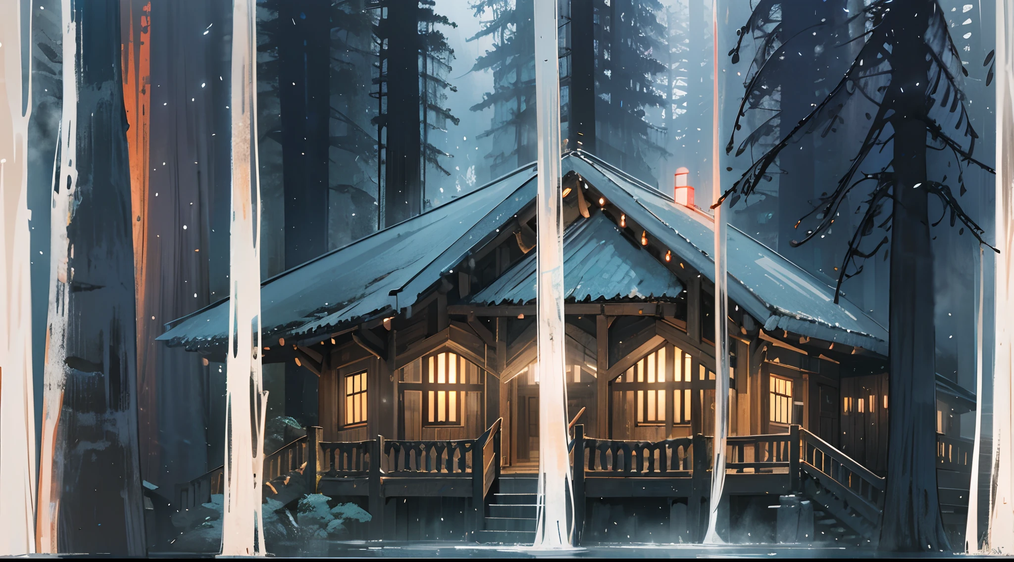 An isolated mountain chalet surrounded by ancient, colossal redwood tree trunks, the chalet's lights glowing through the misty evening, an atmosphere of seclusion and mystery, Illustration, digital art