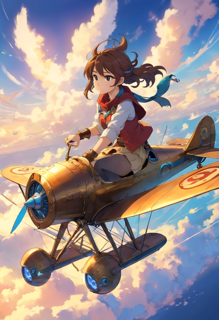 Steampunk world,Monkey King flies a steampunk biplane,Fly in the air of the city,Thick clouds,Ink animation art,Comic ink art,water ink,shadowing,dyeing,8K,Delicate depiction,Works of masters,