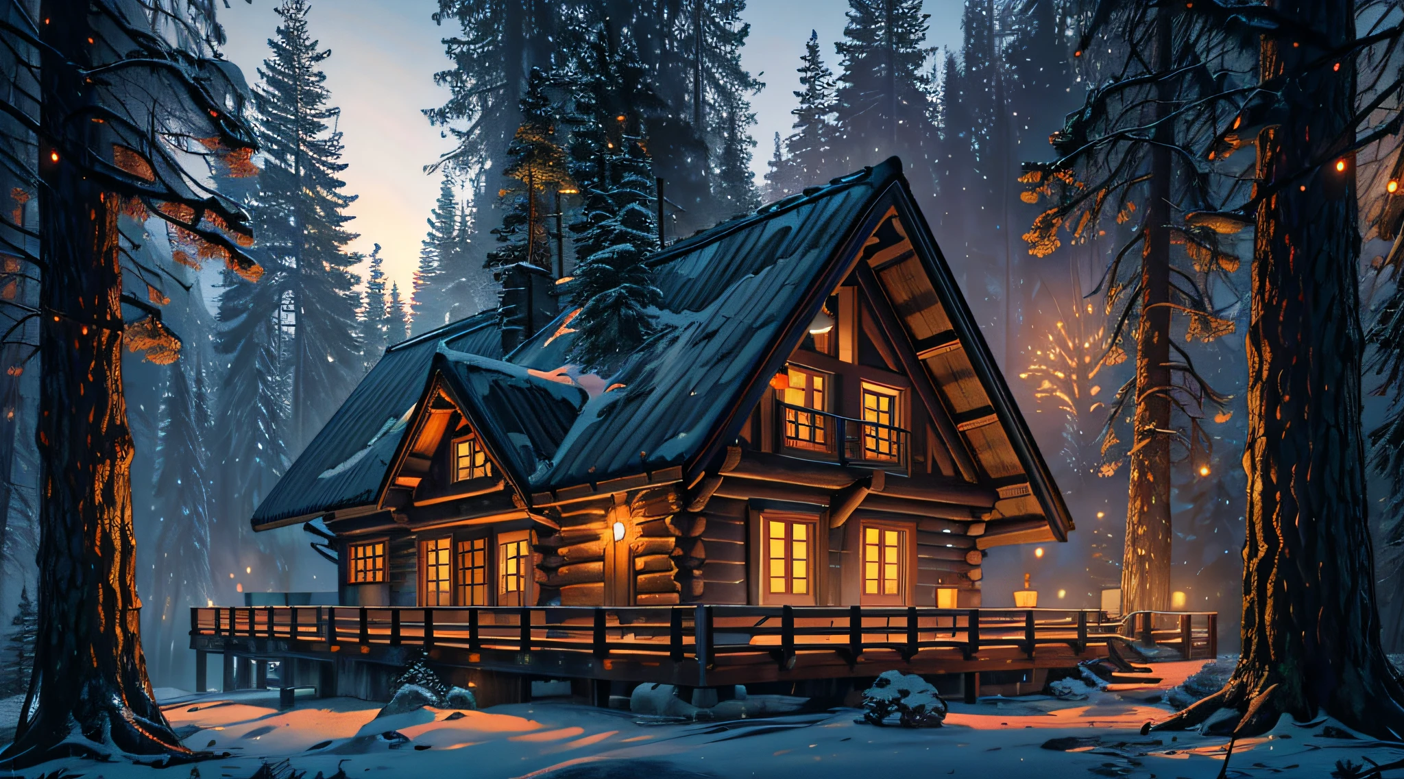 An isolated mountain chalet surrounded by ancient, colossal redwood tree trunks, the chalet's lights glowing through the misty evening, an atmosphere of seclusion and mystery. (best quality,4k,8k,highres,masterpiece:1.2),ultra-detailed,(realistic,photorealistic,photo-realistic:1.37),HDR,UHD,studio lighting,ultra-fine painting,sharp focus,physically-based rendering,extreme detail description,professional,vivid colors,bokeh,portraits,landscape