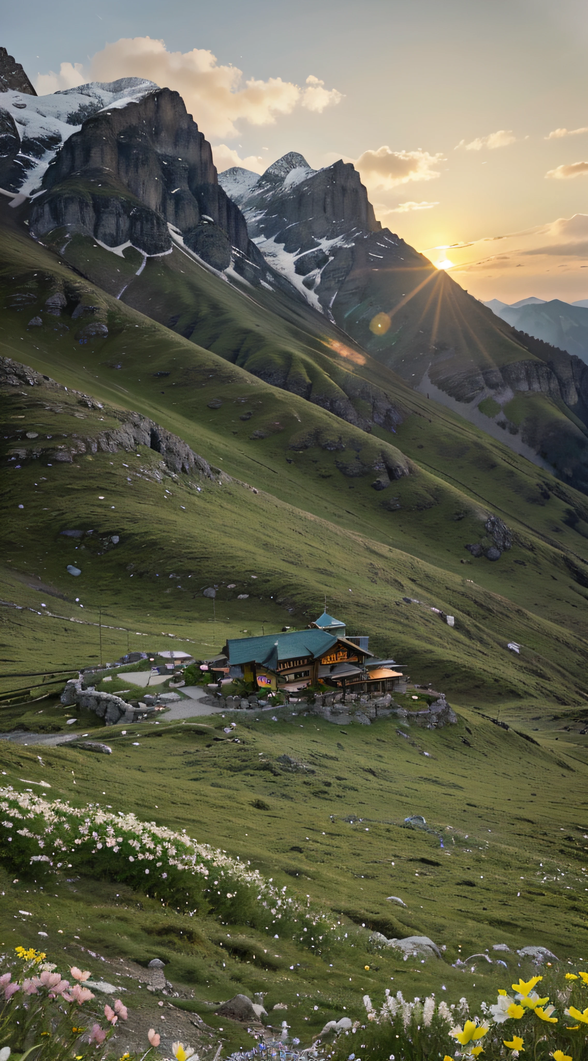 mountain refuge in stone, blends into the panoramic view of the mountain, spring landscape (green and flowery), edelweiss, sunset, cool breeze. host mountaineers and hikers.