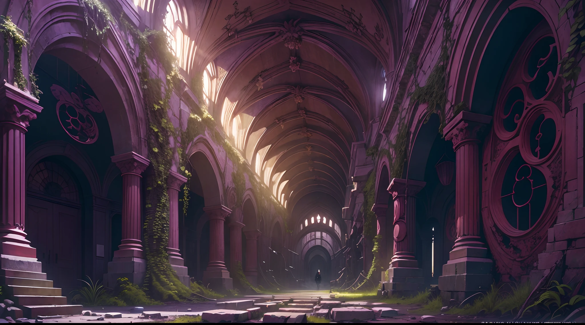 Mysterious alien giants in huge buildings(Rabbit explorer),Illustrations,Ultra-detailed,A high resolution,Best quality,Realistic,Horror,Sci-fi,Colorful shades,Bokeh,Studio lighting,hidden passageways,Secret symbols and codes,Alien technology,Glowing plants,Ethereal atmosphere,Crumbling structure,Otherworldly artifacts,surreal landscapes,Majestic scale,the lush vegetation,Imposing pillars,Mysterious Shadows,Silent echoes,Discover hidden rooms,Ancient writings,Cross-dimensional portals,Magnificent and majestic entrance,Layers of history,Curved architecture,Whispering winds and distant echoes,big chandelier,Mesmerizing patterns and designs,Dimly lit corridors,Sparkling crystals,Climb stairs,An eerie glow in the moonlight,Giant statue,Overgrown vines,Twisted corridors,The fearless spirit of the rabbit,Dark and ominous atmosphere.