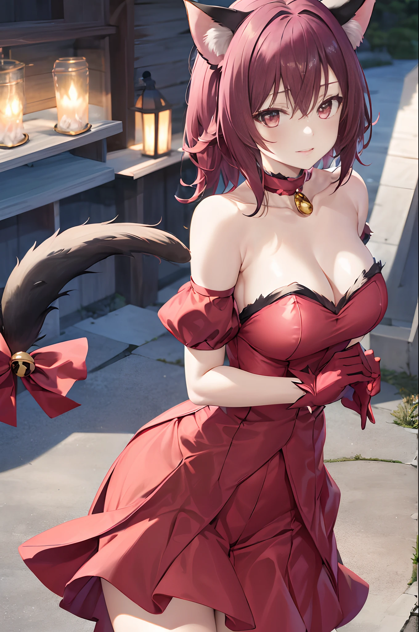 masterpiece, best quality, highres, mi1, tail ornament, tail bow, gloves, cat tail, jingle bell, red gloves, tail bell, choker, detached sleeves, magical girl, pink dress, strapless, cowboy shot, outdoors, standing