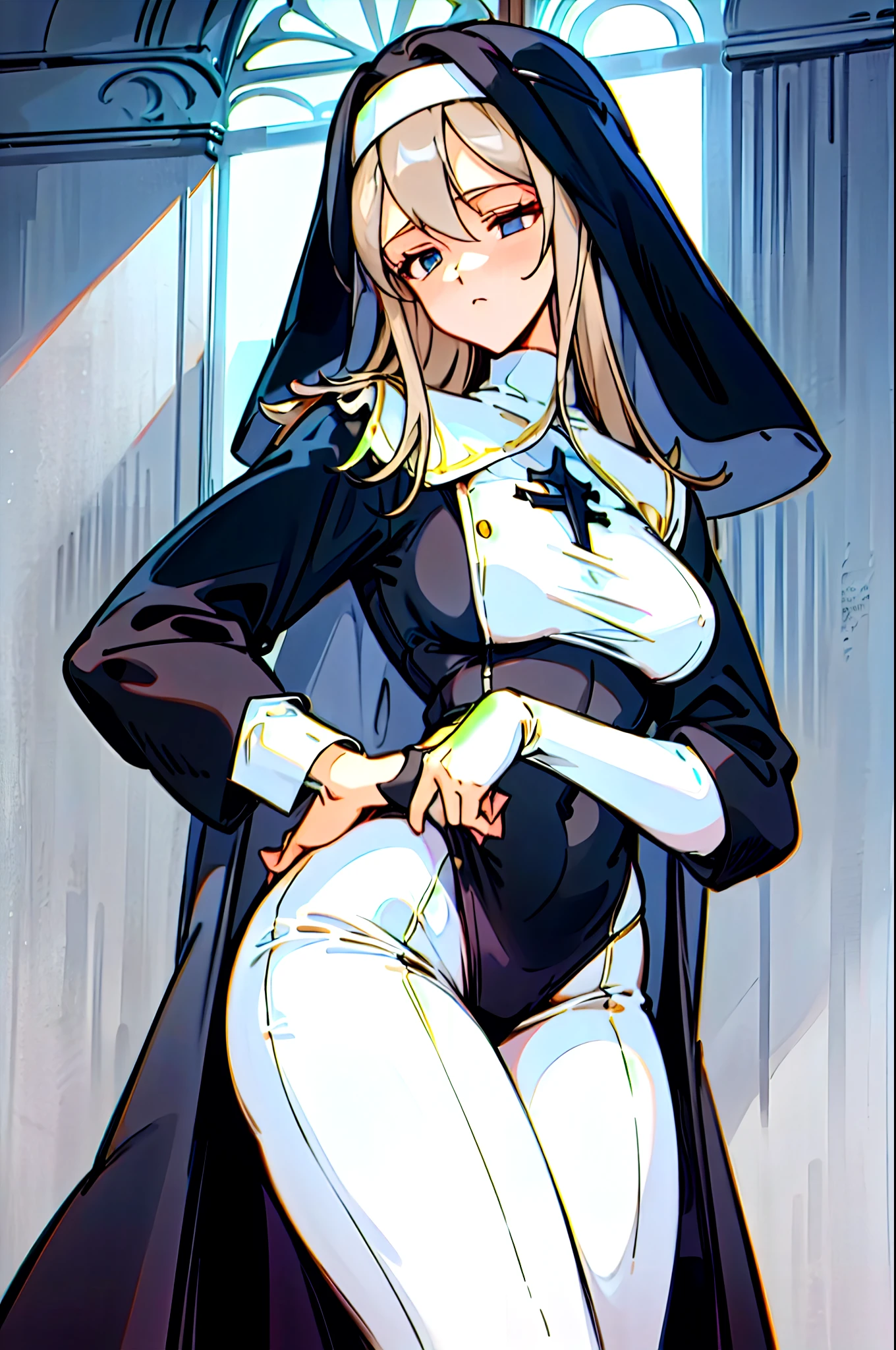 1girl nun solo, nun fashion model, nun fashion model , nun outfit, nun, majestic saint woman, mistress, black-white skintight robes, in HNKstyle, 80's anime style