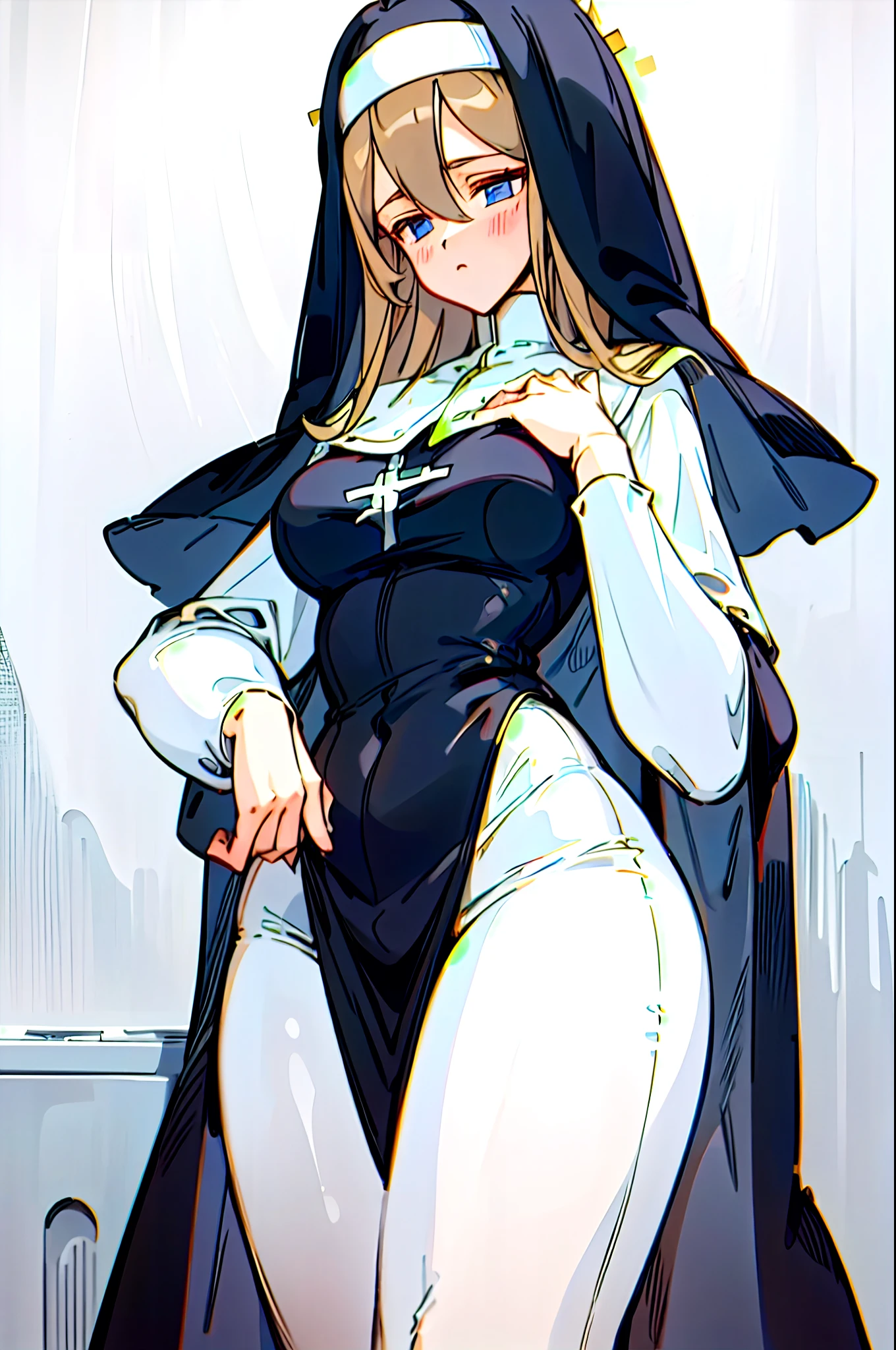 1girl nun solo, nun fashion model, nun fashion model , nun outfit, nun, majestic saint woman, mistress, black-white skintight robes, in HNKstyle, 80's anime style