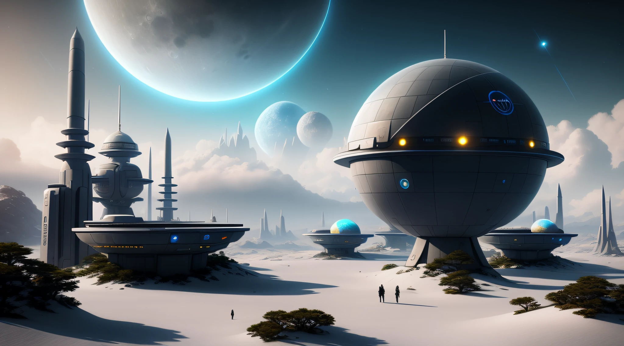 Close-up of a futuristic city with a giant sphere in the middle, Concept -art Destiny, Sci-fi fantasy wallpapers, Beautiful sci-fi art, sci-fiish landscape, Photograph of a Dyson sphere, Hospitalization and high beep, sci fi epic digital art, detailed sci-fi art, sci-fi digital art, sci-fiish landscape, Detailed starry sky, Detailed landscape and glow of the moon planet