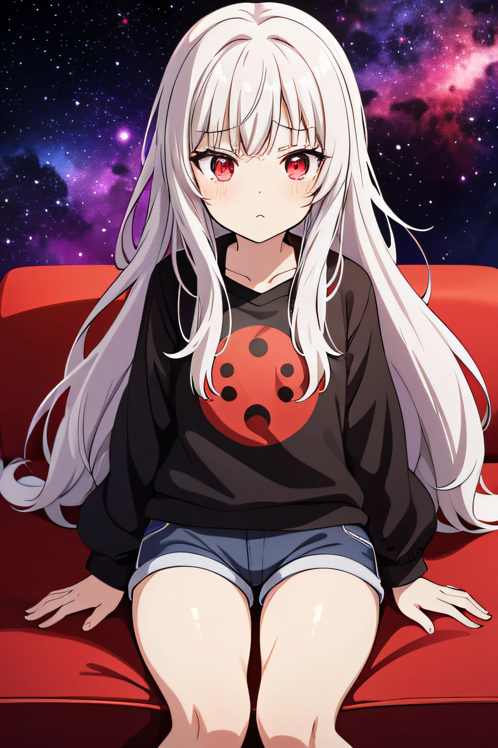 anime girl,sad face full height sitting on a red couch,white hair, red eye,white shirt,black jacket, denim short shorts, black boots floating in a cosmic nebula,floating in the cosmos nebula, floating in a nebula, girl in space, floating in outer space, soda themed girl, floating in space