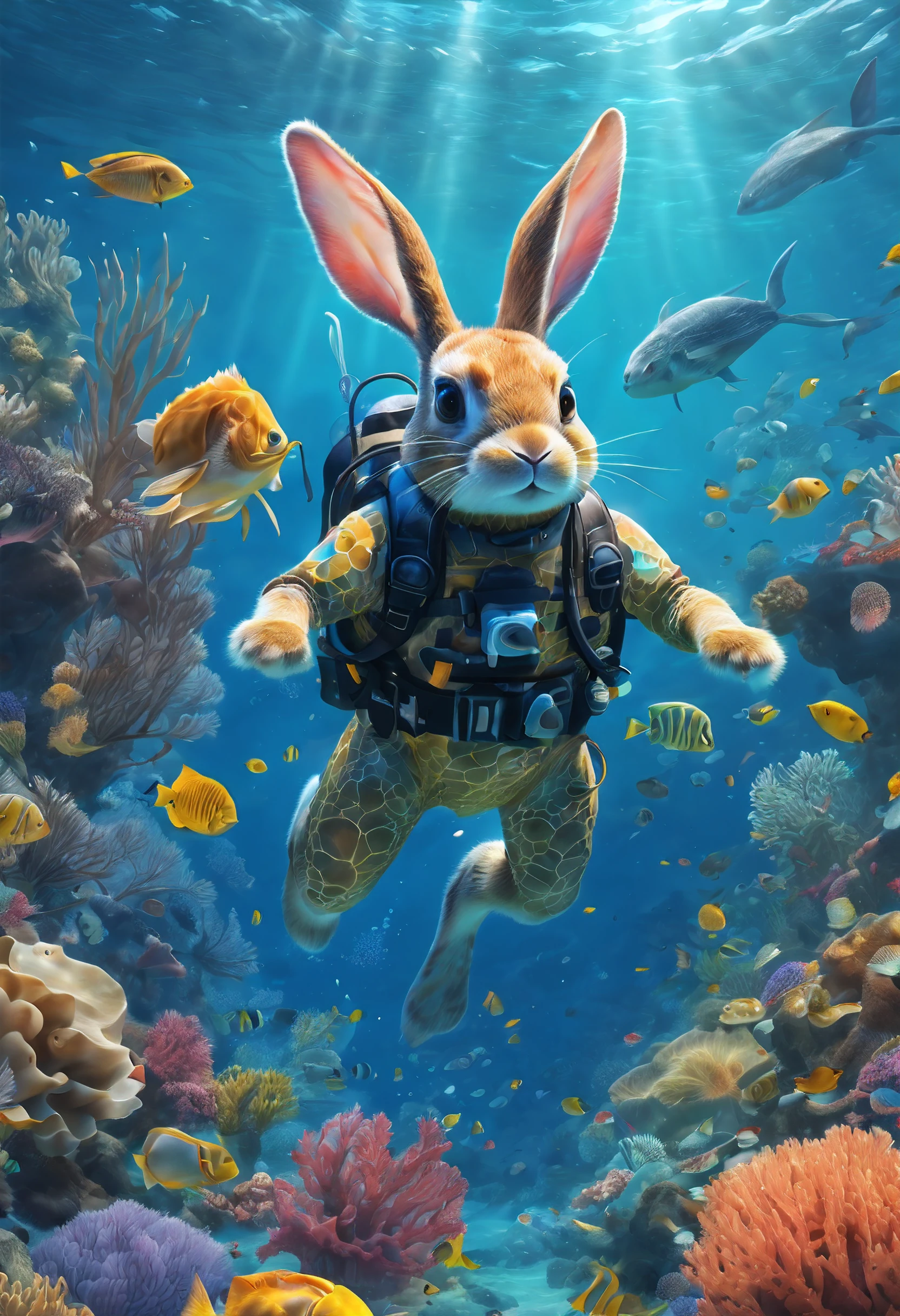 adventure rabbit diving into the deep sea, entering a mysterious underwater world, clear water, colorful corals and seaweed swaying with the waves, like a magnificent scroll. The adventurous rabbit swims through a school of fish, their scales shimmering with golden and silver light. In the distance, a huge sea turtle swims slowly, with a small ecosystem growing on its back, various marine creatures inhabiting and living on it. The entire scene is full of wonder and vitality, with meticulous depiction making every corner of the underwater world vivid. (best quality,4k,8k,highres,masterpiece:1.2),ultra-detailed,(realistic,photorealistic,photo-realistic:1.37),HDR,UHD,studio lighting,ultra-fine painting,sharp focus,physically-based rendering,extreme detail description,professional,vivid colors,bokeh,watercolor,marine life,depth,underwater plants,diving suit,cartoon style