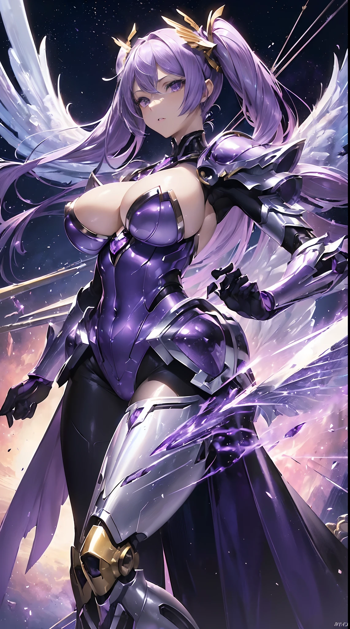 ((masutepiece:1.2)), ((Highest Quality)), (Ultra High Resolution), superfine illustration, ((Highly detailed face)), Raw photo, Professional, Ultra-fine painting, detailed metal texture, detailed cloth texture, Perfect Anatomy, real, ((Solo)), ((Beautiful Woman Dressed as a Mecha Angel)), Beautiful Breasts, concept-art, (Battle Pose), Detailed Science Fantasy Art, (silver hair with twin tails), (Highly detailed and delicate large amethyst purple symmetrical mechanical wings:1.4)), ((Mecha:1.2))Sleek and menacing design, (action pose), ((Marshal's Weapons)), ((Highly detailed and delicate mechanical armor dress in amethyst purple exclusively for Marshals)), Highly detailed and delicate starry sky, other world, no robot, (NSFW)