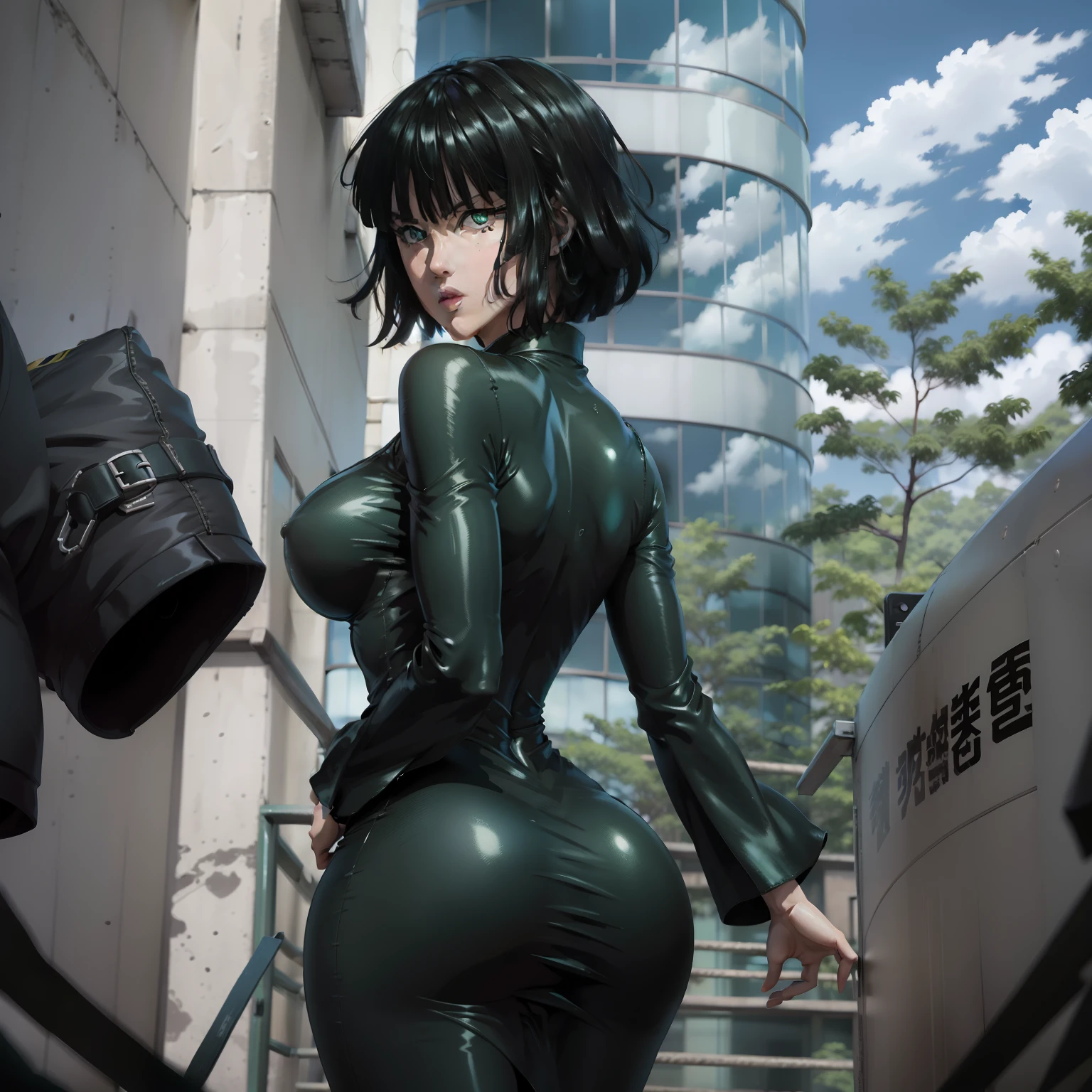 Fukibi in one punch man. Sexy. Green. Storm. Flying. Blue sky. Building, butt facing camera, back view, tight dress